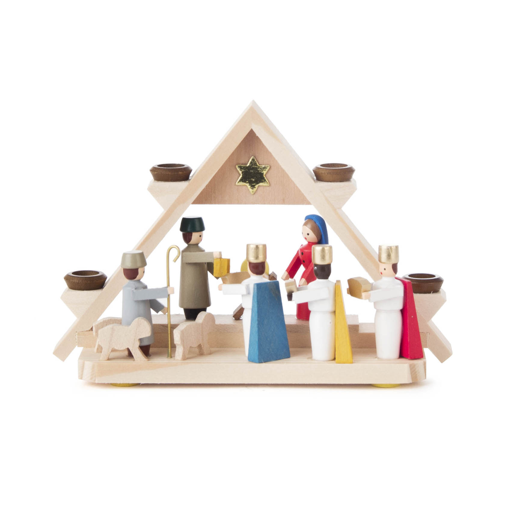 Holz-Lichtergiebel mit sechs Figuren einer Weihnachtskrippe: Maria in blau-rotem Gewand, Josef, das Jesuskind in der Krippe, drei Könige und ein Hirte mit Schaf. im Dregeno Online Shop günstig kaufen