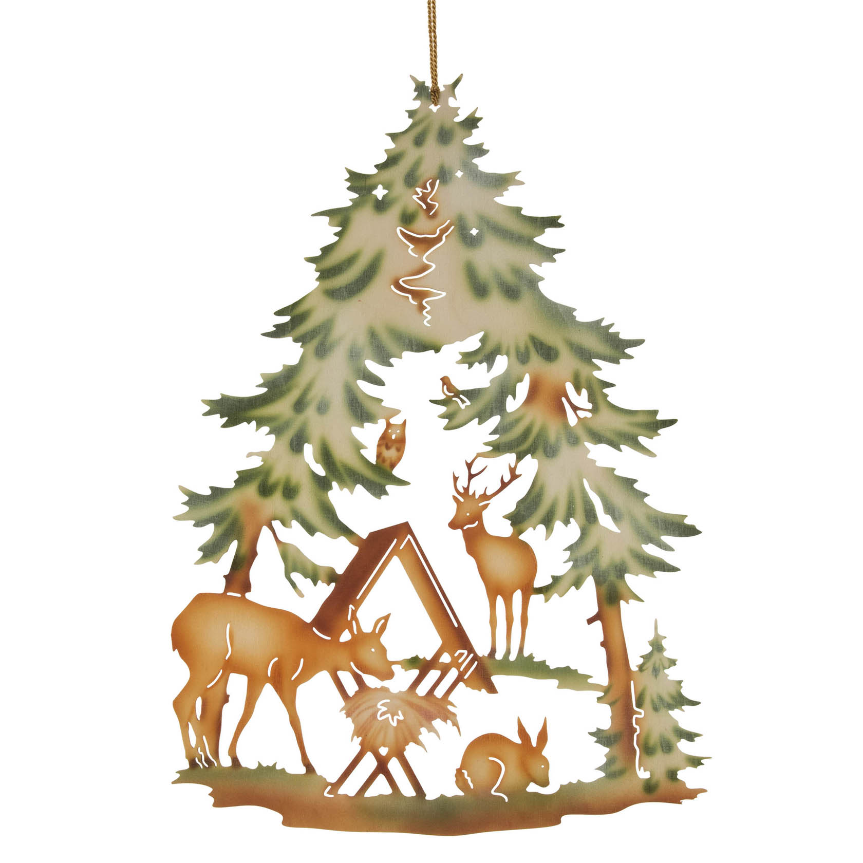 Dekoratives Fensterbild aus Holz zeigt eine Waldszene mit zwei Rehen, einem Hasen und einem Futterstand unter einem Tannenbaum. im Dregeno Online Shop günstig kaufen