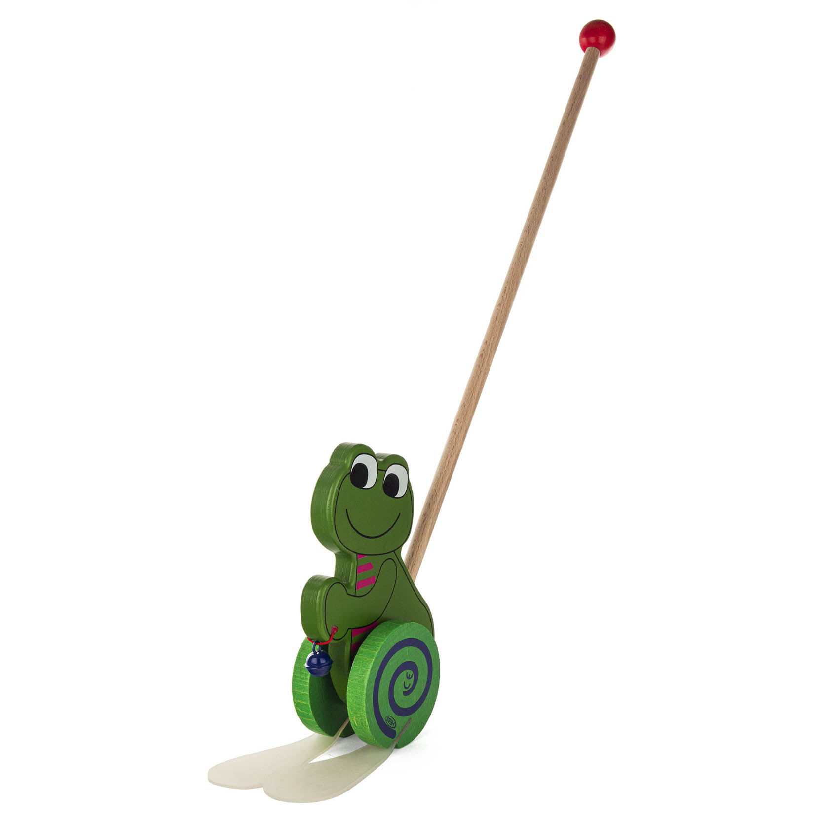 Grüner hölzerner Schiebe-Frosch mit großen Augen und einem Holzstab mit rotem Knopf am Ende. im Dregeno Online Shop günstig kaufen