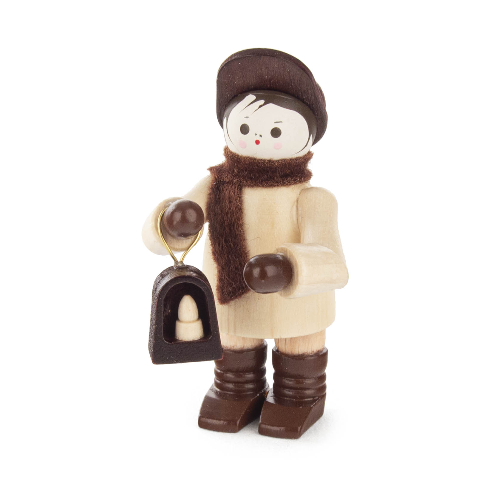 Holzfigur eines Mannes mit braunem Hut und Schal, der eine Grubenlampe in der rechten Hand hält. Die Figur hat ein schlichtes, kindliches Gesicht. im Dregeno Online Shop günstig kaufen