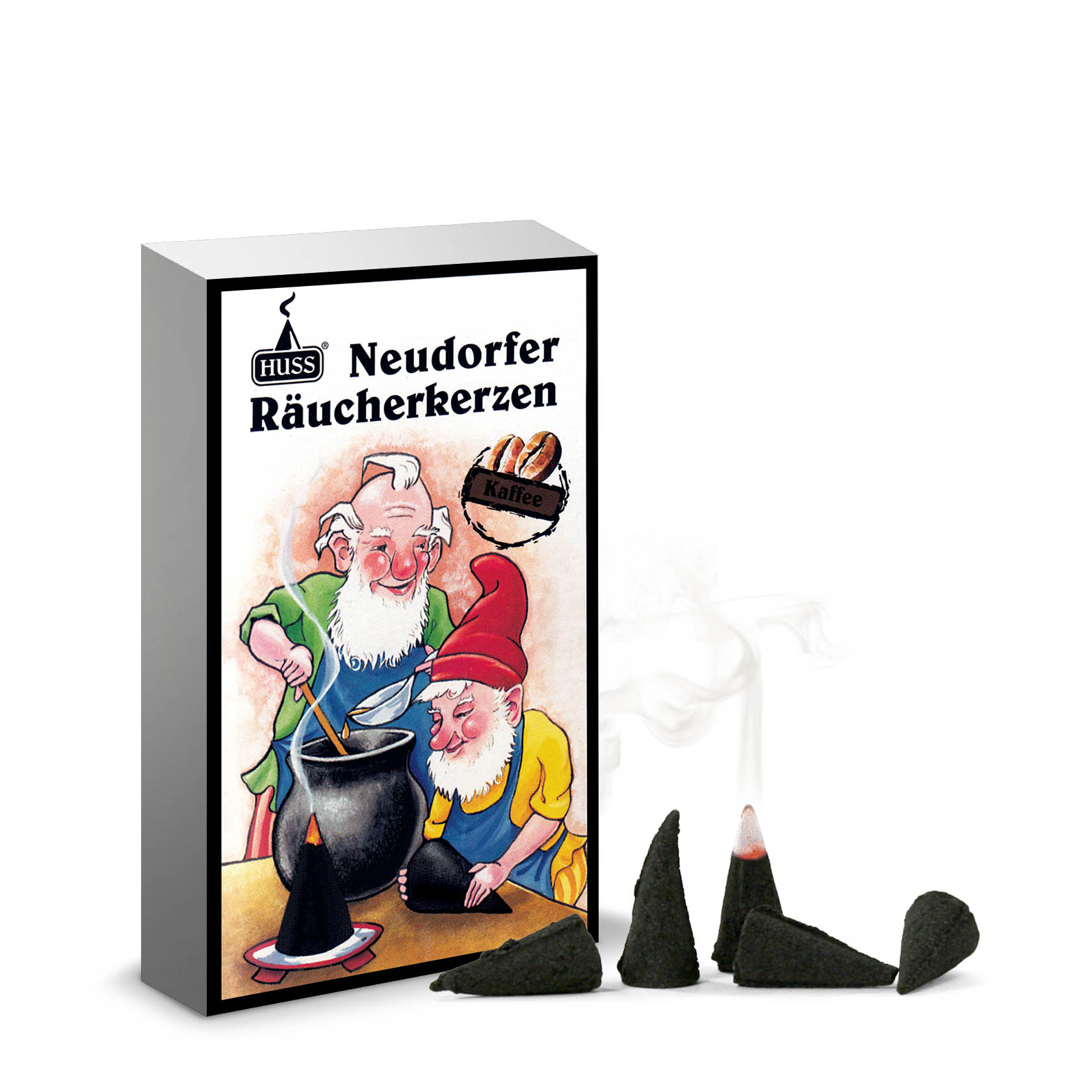 A box of Neudorfer incense cones with a coffee scent. The packaging shows two cartoon gnomes making incense cones over a large pot. im Dregeno Online Shop günstig kaufen