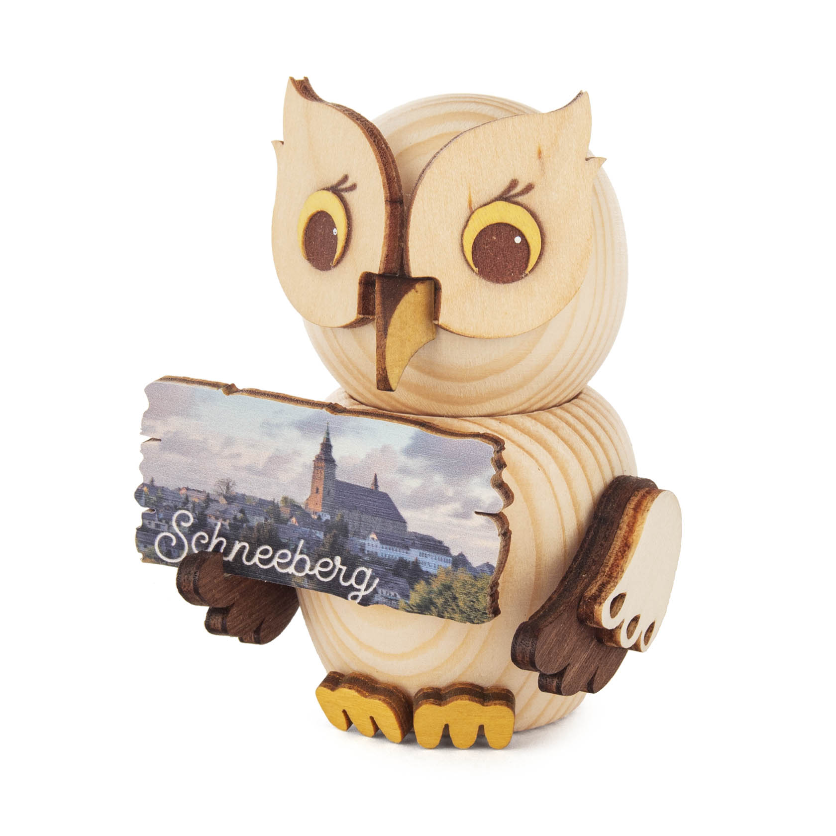 Holzeule mit großen Augen hält ein Schild mit der Aufschrift 'Schneeberg' und einem Bild einer Kirche vor sich. im Dregeno Online Shop günstig kaufen