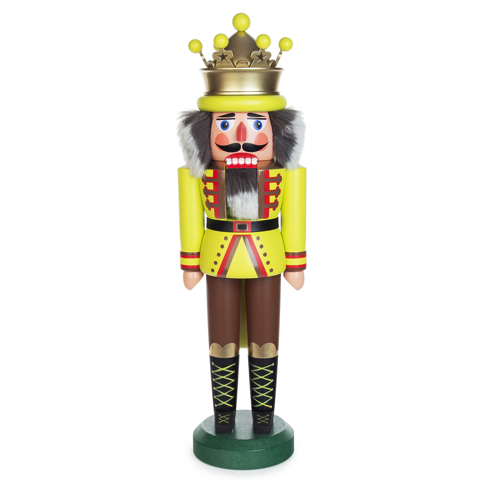 A 42 cm tall nutcracker king with a gold and green matte crown, wearing a yellow and red uniform, brown pants, and black boots. im Dregeno Online Shop günstig kaufen