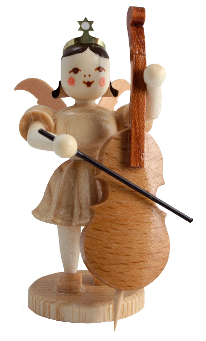 Holzfigur eines Engels mit braunem Violoncello, lächelt, trägt Krone mit Stern, naturfarbenes Kleid. im Dregeno Online Shop günstig kaufen
