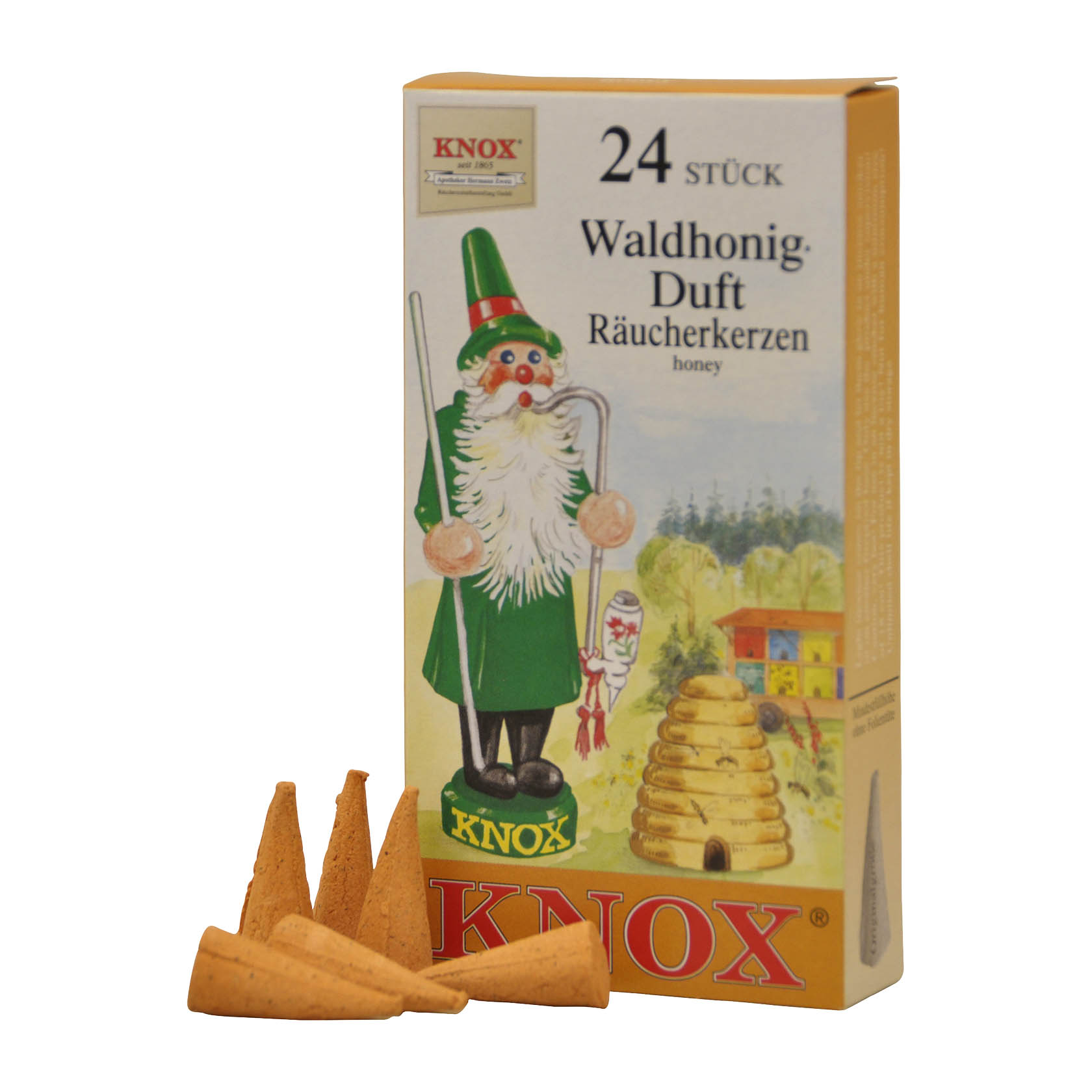 Verpackung von KNOX Räucherkerzen mit der Aufschrift 'Waldhonig-Duft' und einer stilisierten Figur, die traditionell aussieht. Neben der Verpackung drei angezündete Räucherkerzen. im Dregeno Online Shop günstig kaufen