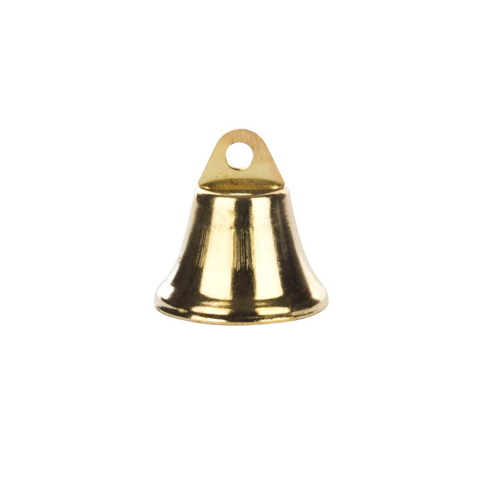 Ein kleines, glänzendes Messingglöckchen mit einer Höhe von 15 mm. Es hat eine glatte Oberfläche und eine Öse zum Aufhängen. im Dregeno Online Shop günstig kaufen