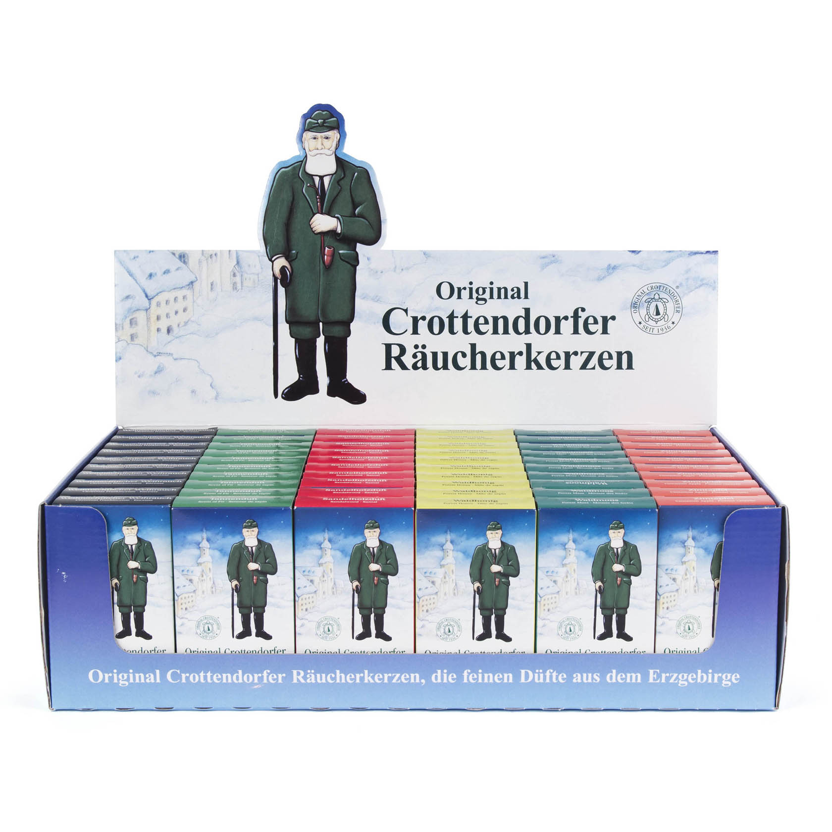 Ein Verkaufsdisplay mit 60 Schachteln Crottendorfer Räucherkerzen in verschiedenen Farben, jede Schachtel enthält 24 Stück. Ein stilisierter Mann ziert das Display. im Dregeno Online Shop günstig kaufen