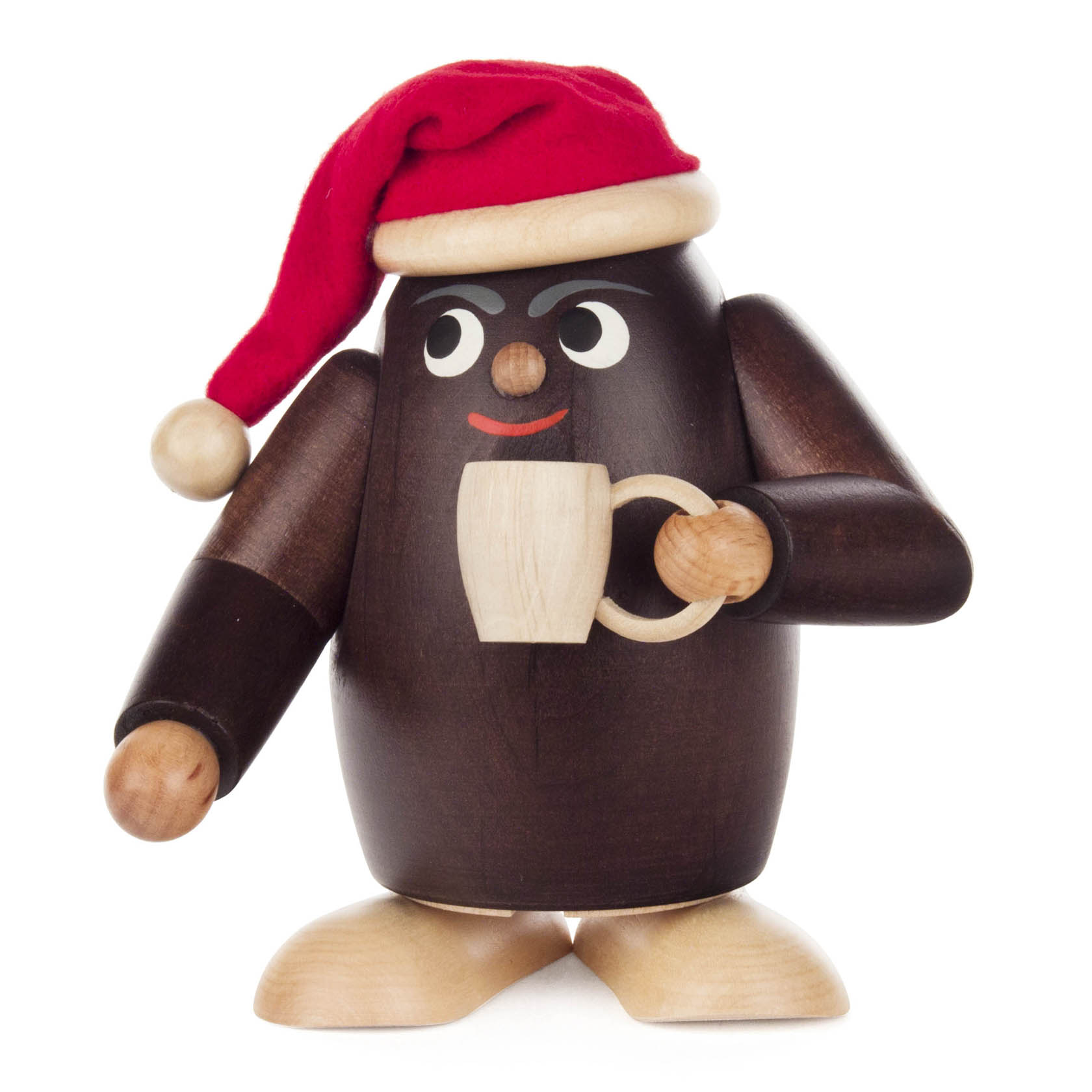 Holzräucherfigur in Form einer Kaffeebohne mit roter Mütze, die eine Tasse hält. im Dregeno Online Shop günstig kaufen