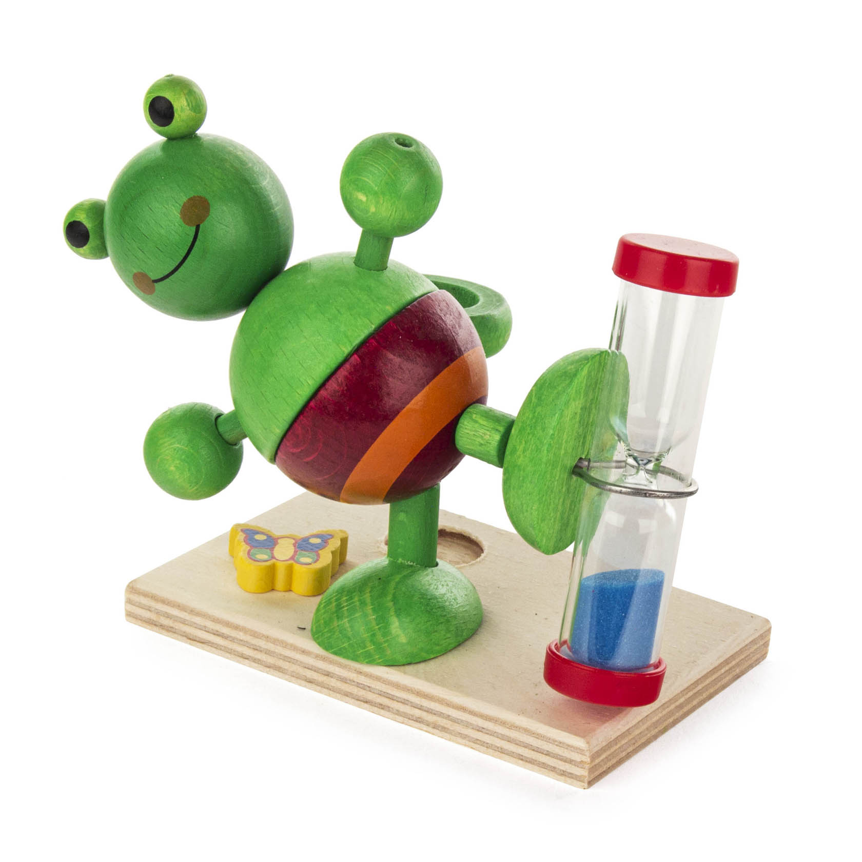 Eine grüne, hölzerne Froschfigur, die als Zahnputzuhr dient, mit einer Sanduhr in einem Bein und einem Schmetterling auf der Basis platziert. im Dregeno Online Shop günstig kaufen
