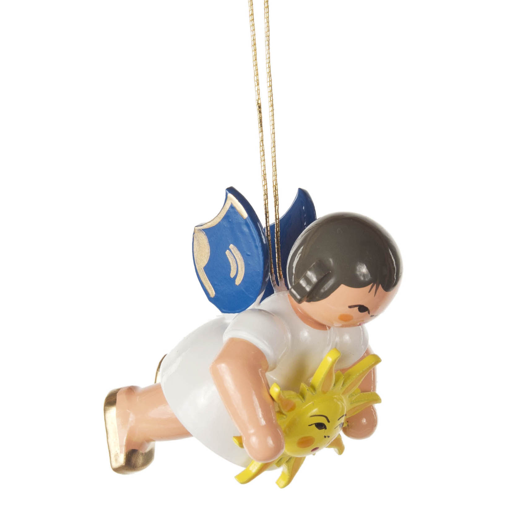 Hängender Engel aus Holz mit blauen Flügeln, hält eine lächelnde Sonne in den Händen. im Dregeno Online Shop günstig kaufen