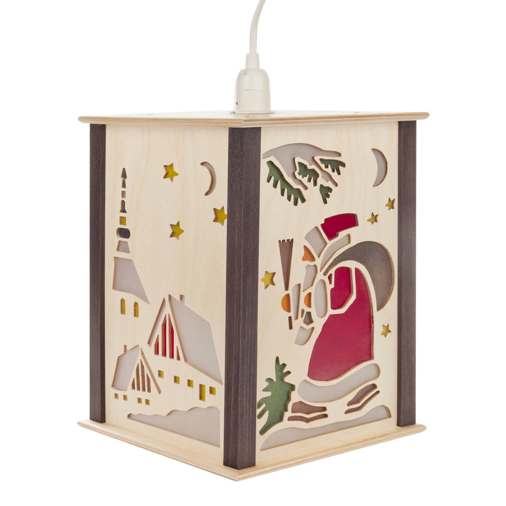 Holzlaterne mit geschnitztem Weihnachtsmann, Kirche, Sternen und Mond. Beleuchtet von oben. im Dregeno Online Shop günstig kaufen