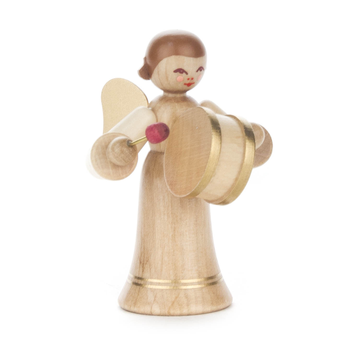 Holzengel mit goldenen Flügeln, langem Naturholzkörper und einer Pauke in beiden Händen. im Dregeno Online Shop günstig kaufen