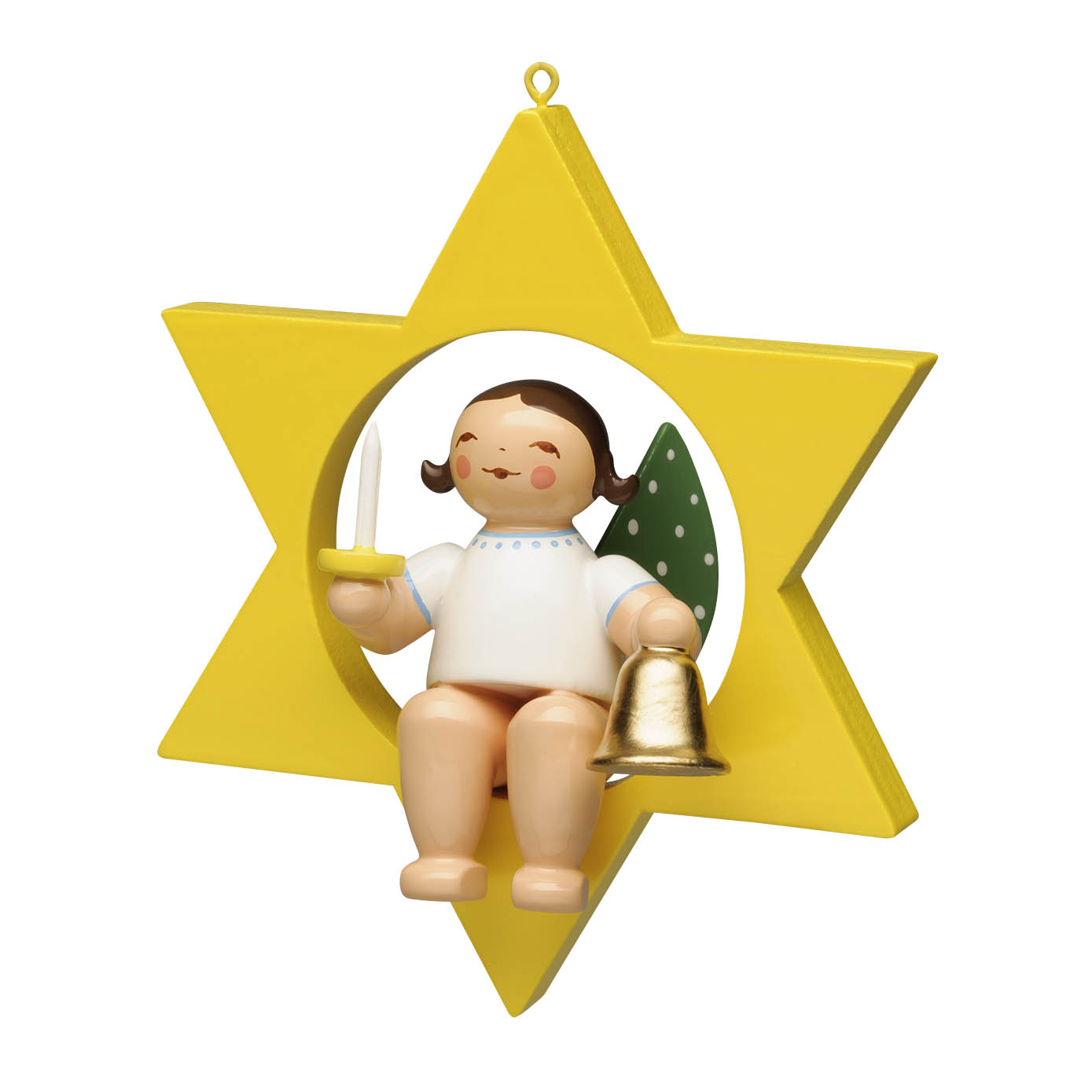 Holzfigur eines Engels mit braunen Haaren, der mit einer Glocke und einer Kerze in den Händen in einem gelben, sechszackigen Stern sitzt. im Dregeno Online Shop günstig kaufen