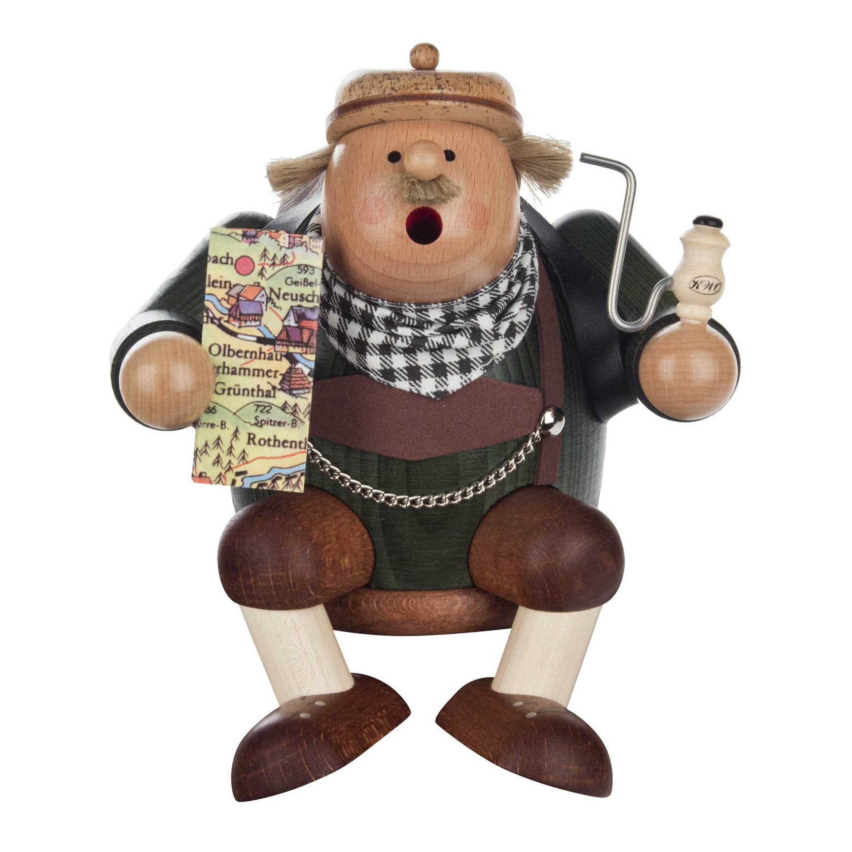 Holzfigur eines bärtigen Mannes mit Mütze und Pfeife, der eine Deutschlandkarte in der linken Hand hält und auf einem Eck sitzt.