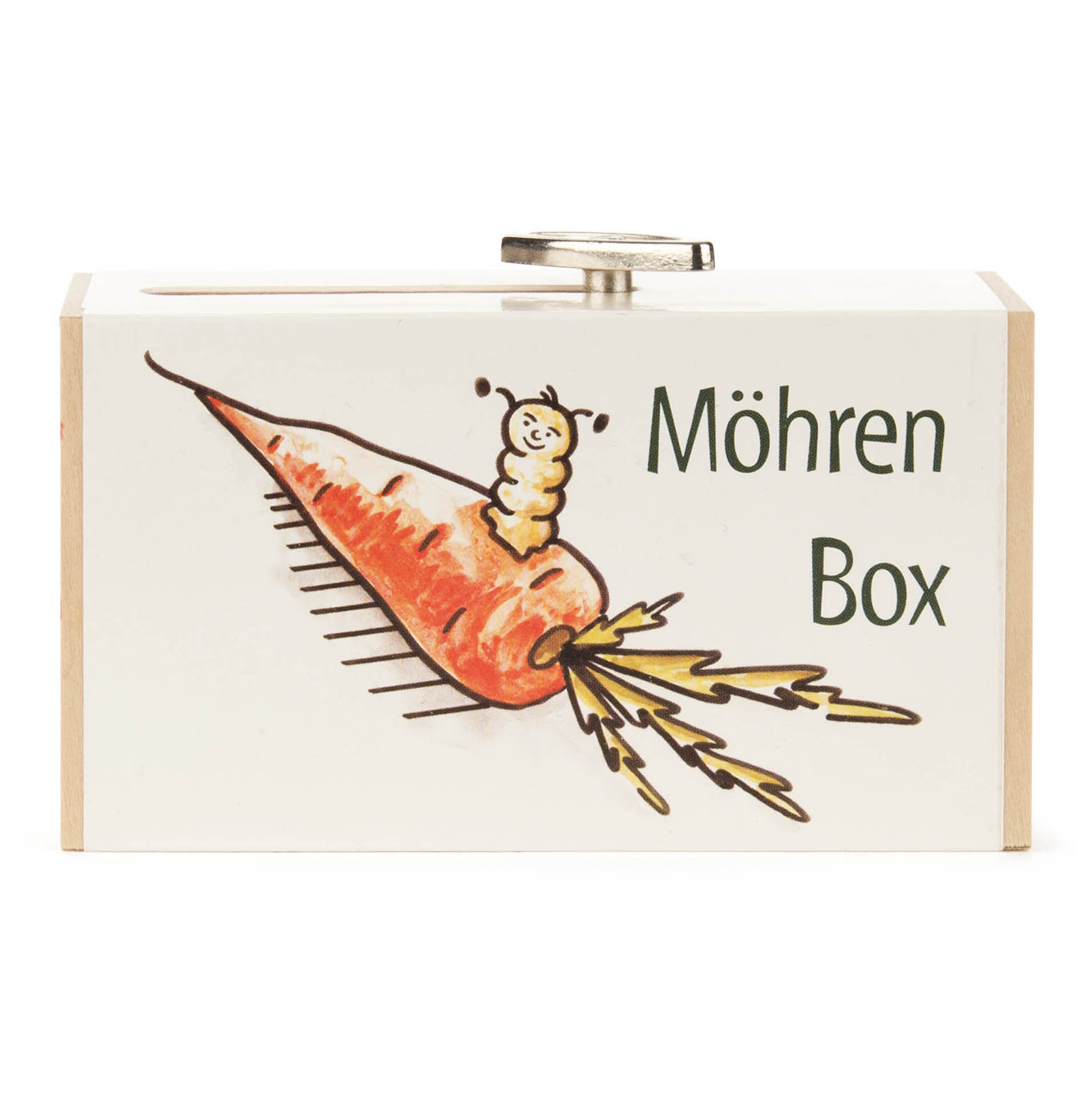 Weiße Schiebebox mit der Aufschrift 'Möhren-Box' und einer Karikatur einer Karotte mit einem Wurm darauf.