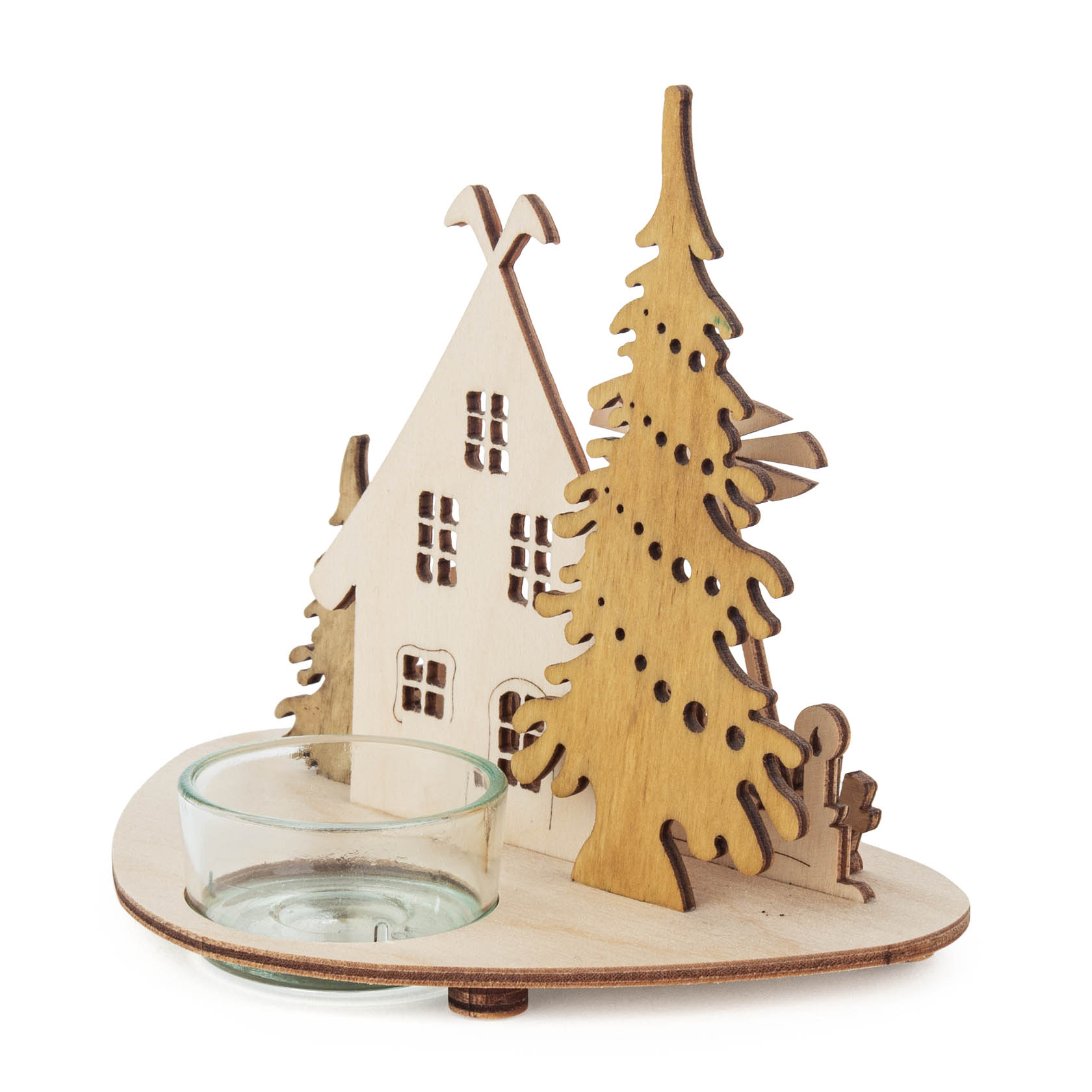 Wooden tea light holder in the shape of a pyramid with 5 tiers, featuring a house and a tree, and includes a glass holder for a tealight.