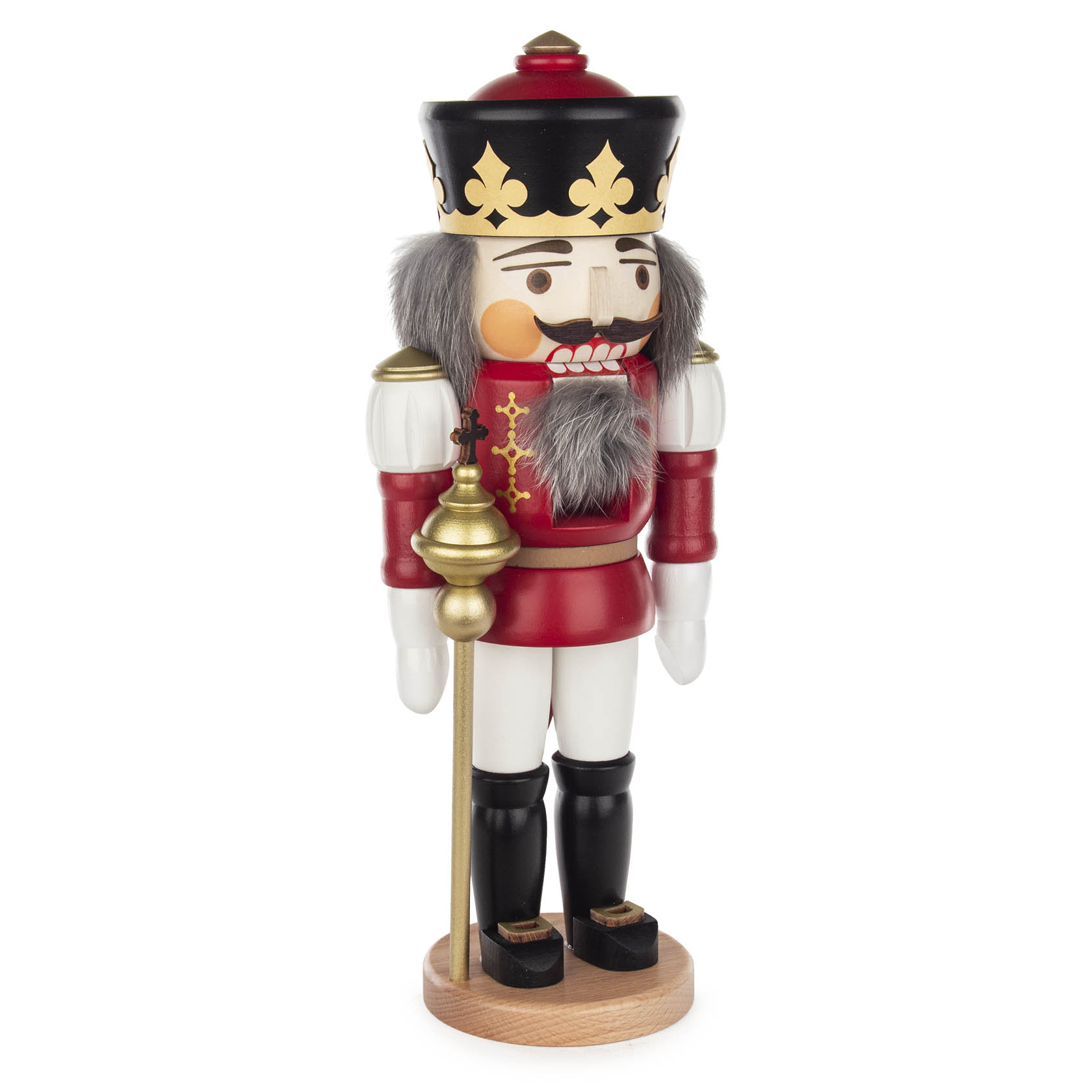 Rot gekleideter Nussknacker in Form eines Königs mit goldener Krone und Szepter. Hat eine graue Bart und schwarze Stiefel. Steht auf einem Holzsockel.