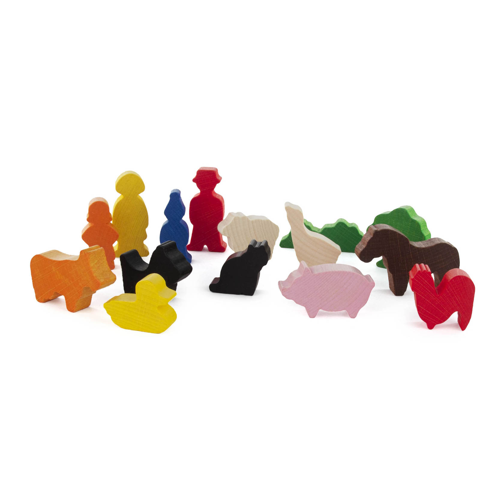 Holzspielzeugfiguren in Form von Bauernhof-Tieren und Menschen, darunter ein Schwein, ein Pferd, ein Huhn, eine Ente und Bauern-Figuren. im Dregeno Online Shop günstig kaufen
