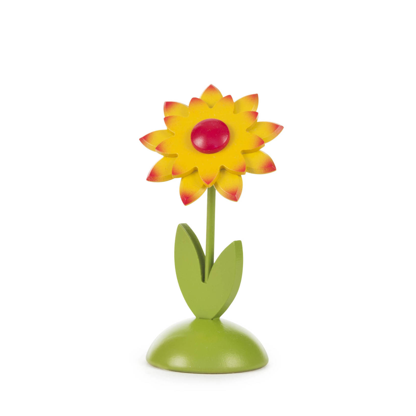 Holzfigur einer Dahlie mit gelben Blütenblättern und rot gefärbten Spitzen, grünem Stiel und Blättern, auf einem runden, grünen Sockel. im Dregeno Online Shop günstig kaufen