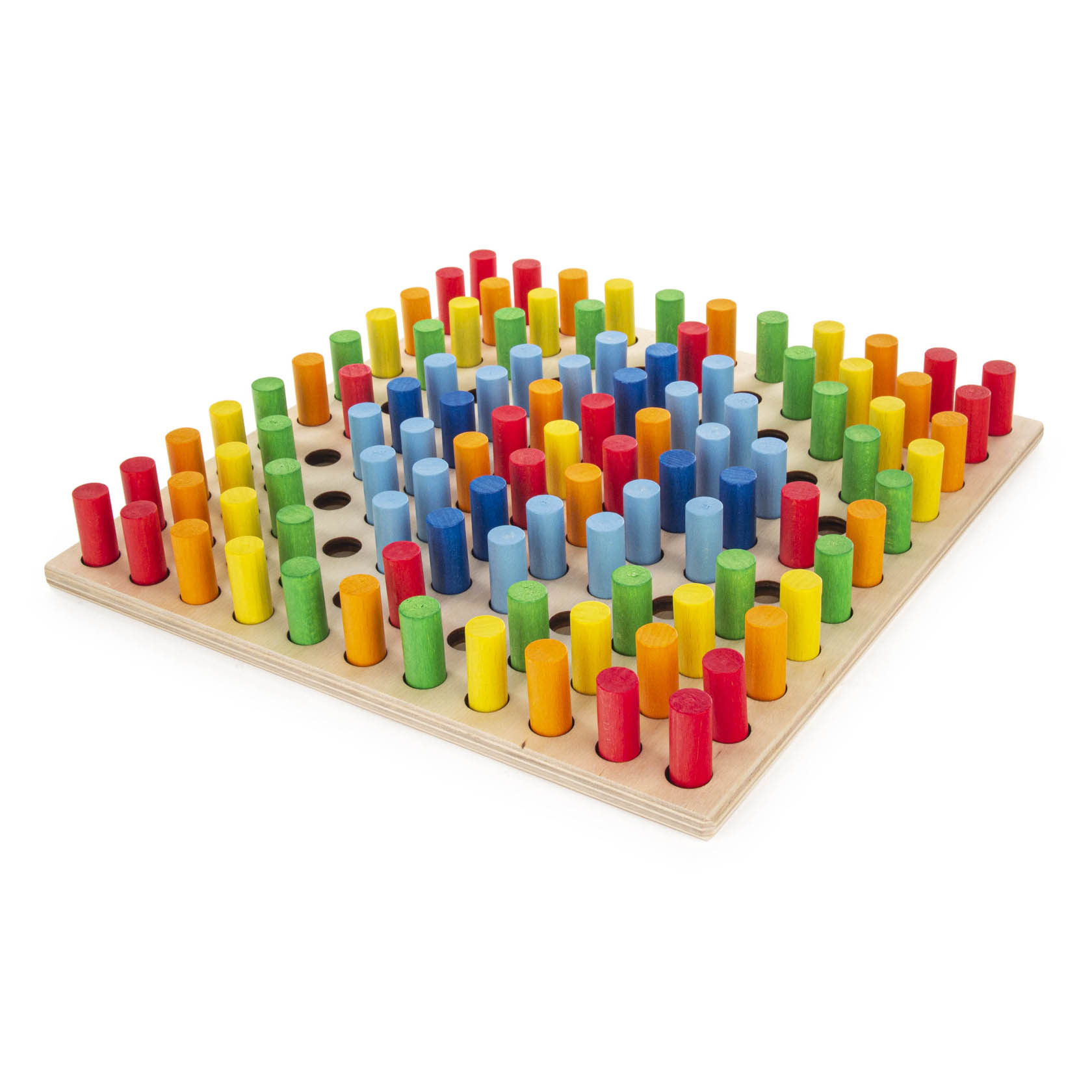 Ein quadratisches Steckbrett aus Holz mit bunten Holzstäben in sechs Farben: rot, gelb, blau, grün, orange und rot. Die Stäbe sind in Reihen und Spalten angeordnet. im Dregeno Online Shop günstig kaufen