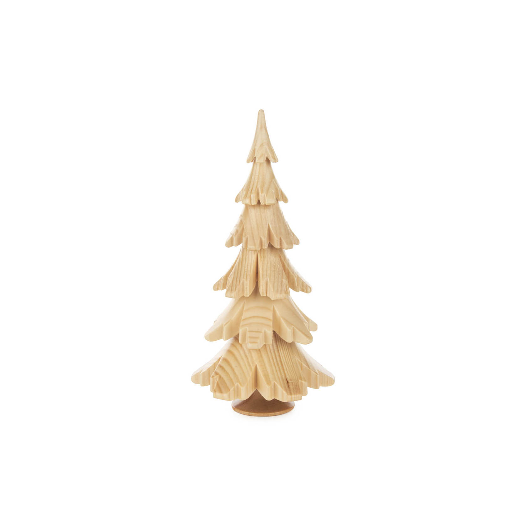 Kleiner Tannenbaum aus naturfarbenem Massivholz, etwa 15,5 cm hoch, mit detaillierten geschnittenen Zweigen. im Dregeno Online Shop günstig kaufen