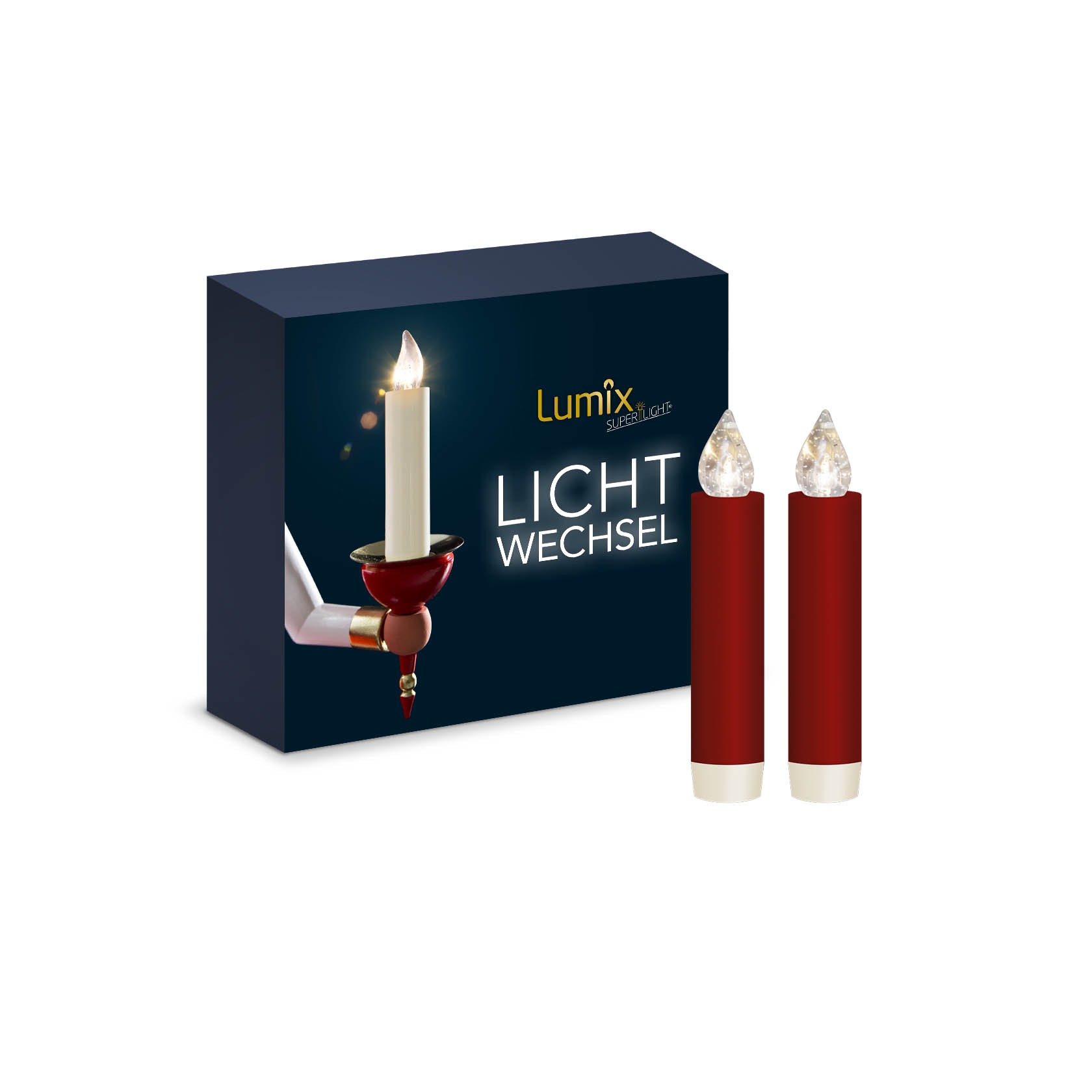 Erweiterungs-Set für LUMIX CLASSIC MINI S, bestehend aus zwei roten Kerzen mit Lichtspitzen und zwei Batterien vor einer Verpackung. im Dregeno Online Shop günstig kaufen