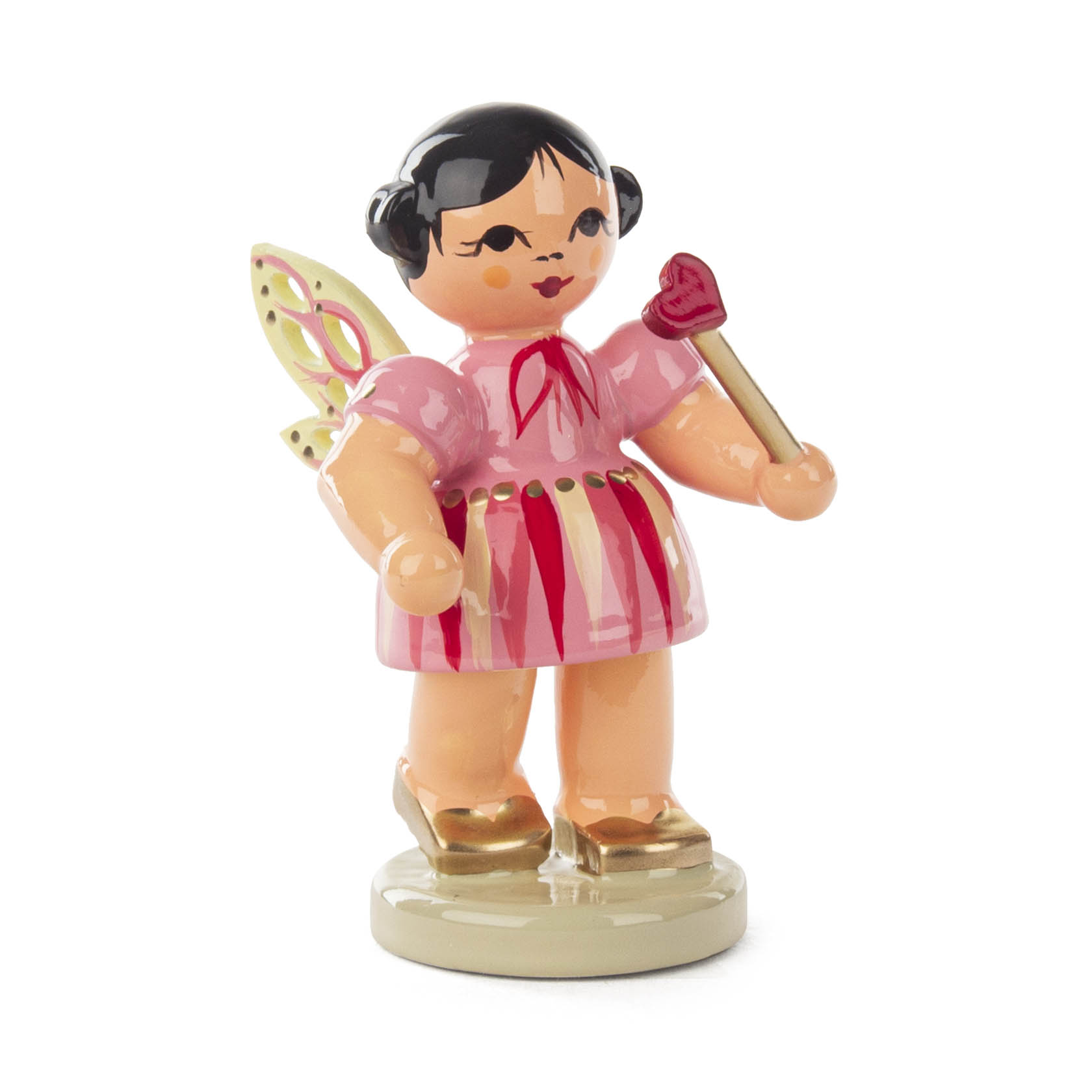 Handbemalte Figur einer Fee namens Rubinia Herzenszauber mit Flügeln, rosa Kleid und Herz-Zauberstab. im Dregeno Online Shop günstig kaufen
