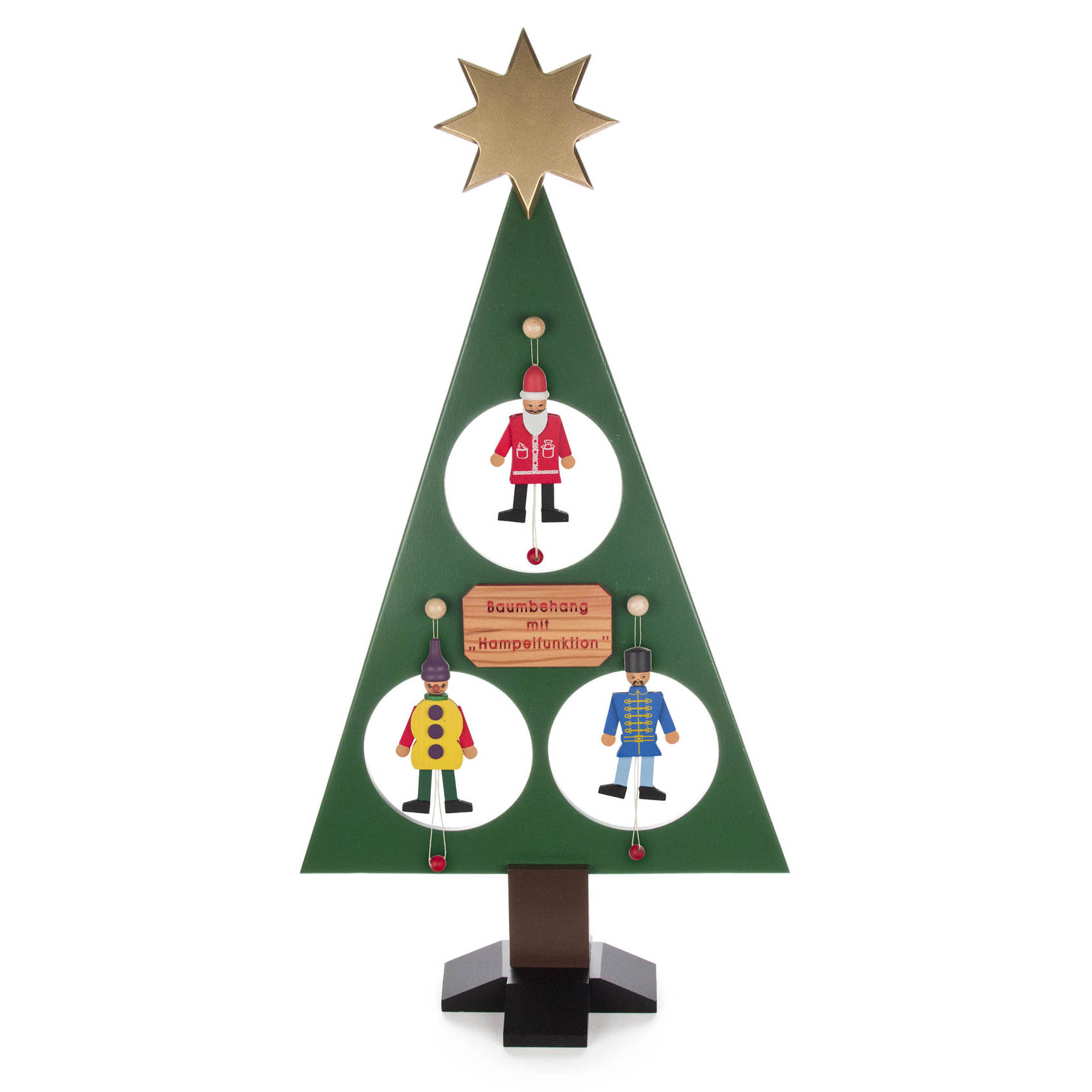 Dekorativer hölzerner Baum mit drei farbenfrohen Hampelmännern, Tannenbaumschmuck mit beweglichen Gliedern, und einem goldenen Stern an der Spitze.