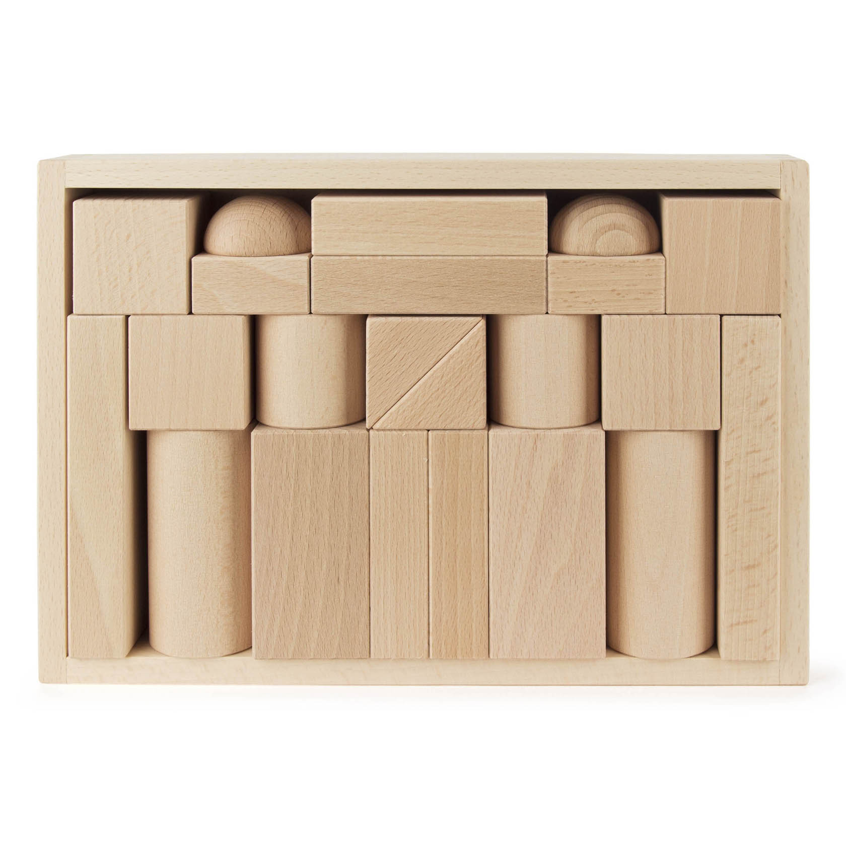 Holzbaukasten mit 22 natürlichen, unlackierten Holzteilen in verschiedenen geometrischen Formen wie Zylinder, Quader und Würfel. im Dregeno Online Shop günstig kaufen