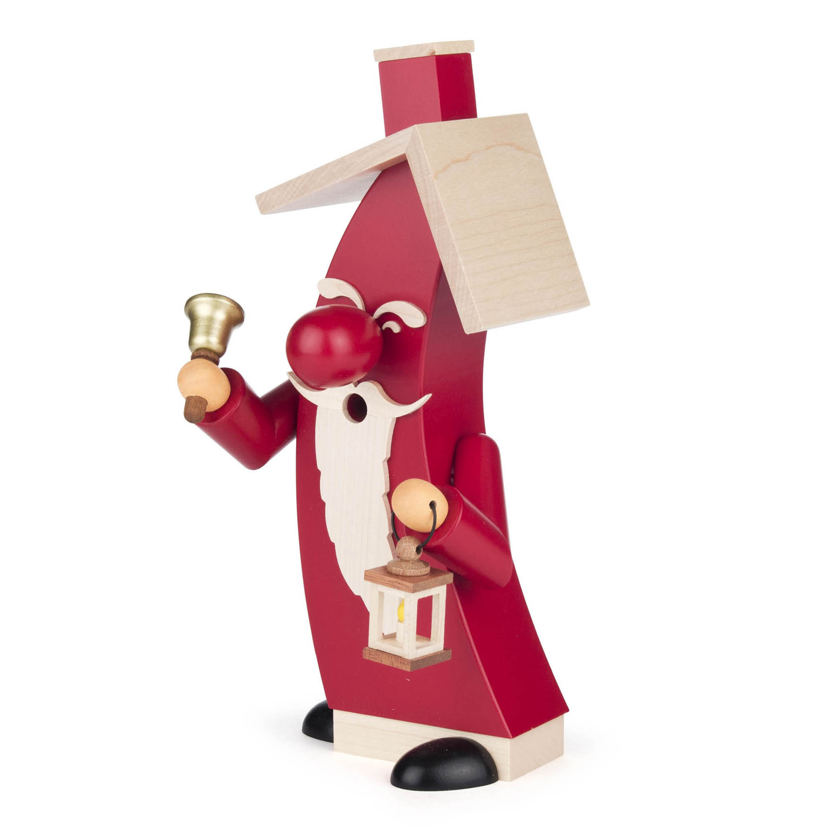 Eine hölzerne Räucherfigur in Form eines Weihnachtsmannes. Er trägt ein rotes Gewand, hält eine goldene Glocke in der rechten Hand und eine Laterne in der linken. im Dregeno Online Shop günstig kaufen
