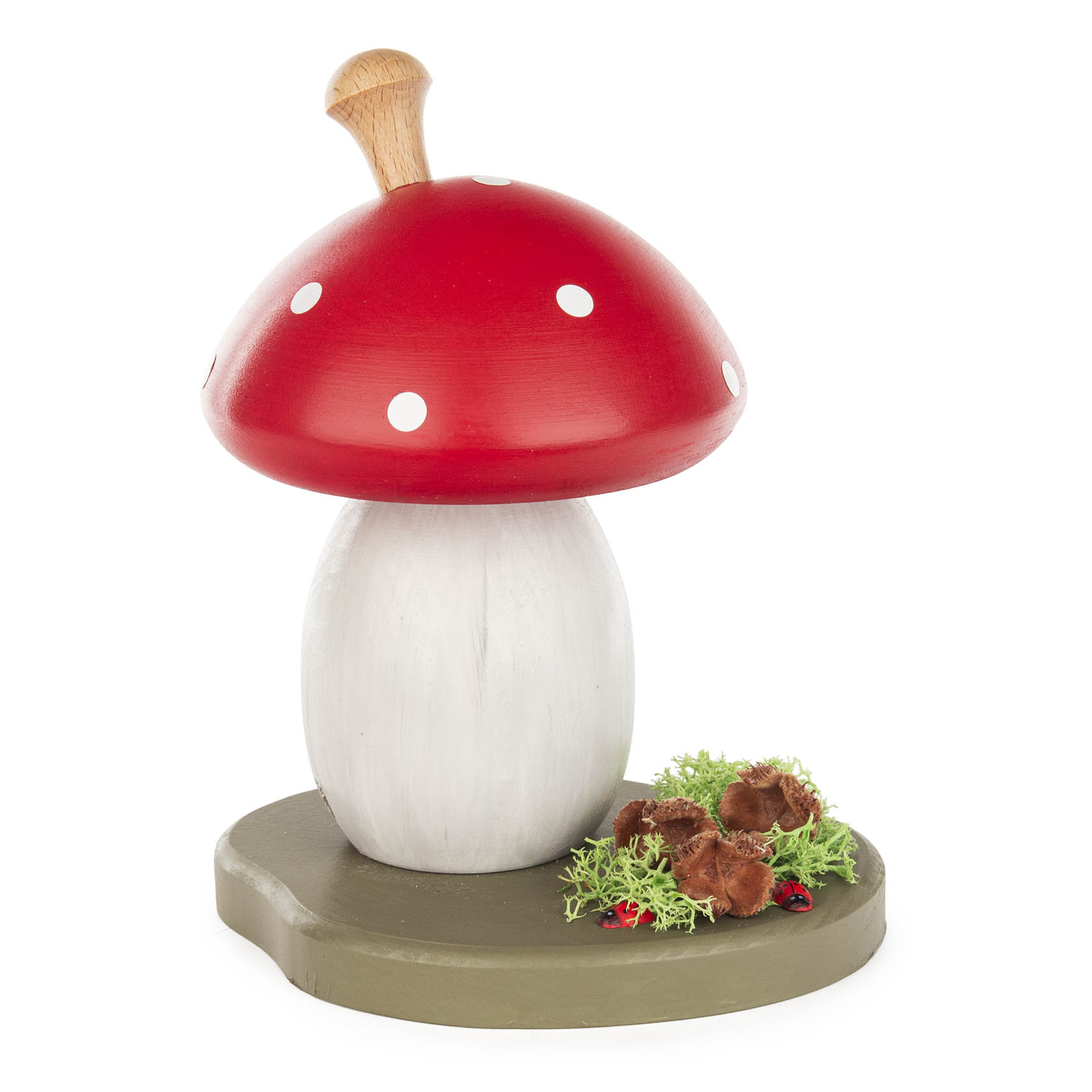 Großer Holzfliegenpilz mit rotem Hut und weißen Punkten auf grauweißem Stiel. Auf einer Plattform mit Moos und Pilzen verziert. im Dregeno Online Shop günstig kaufen