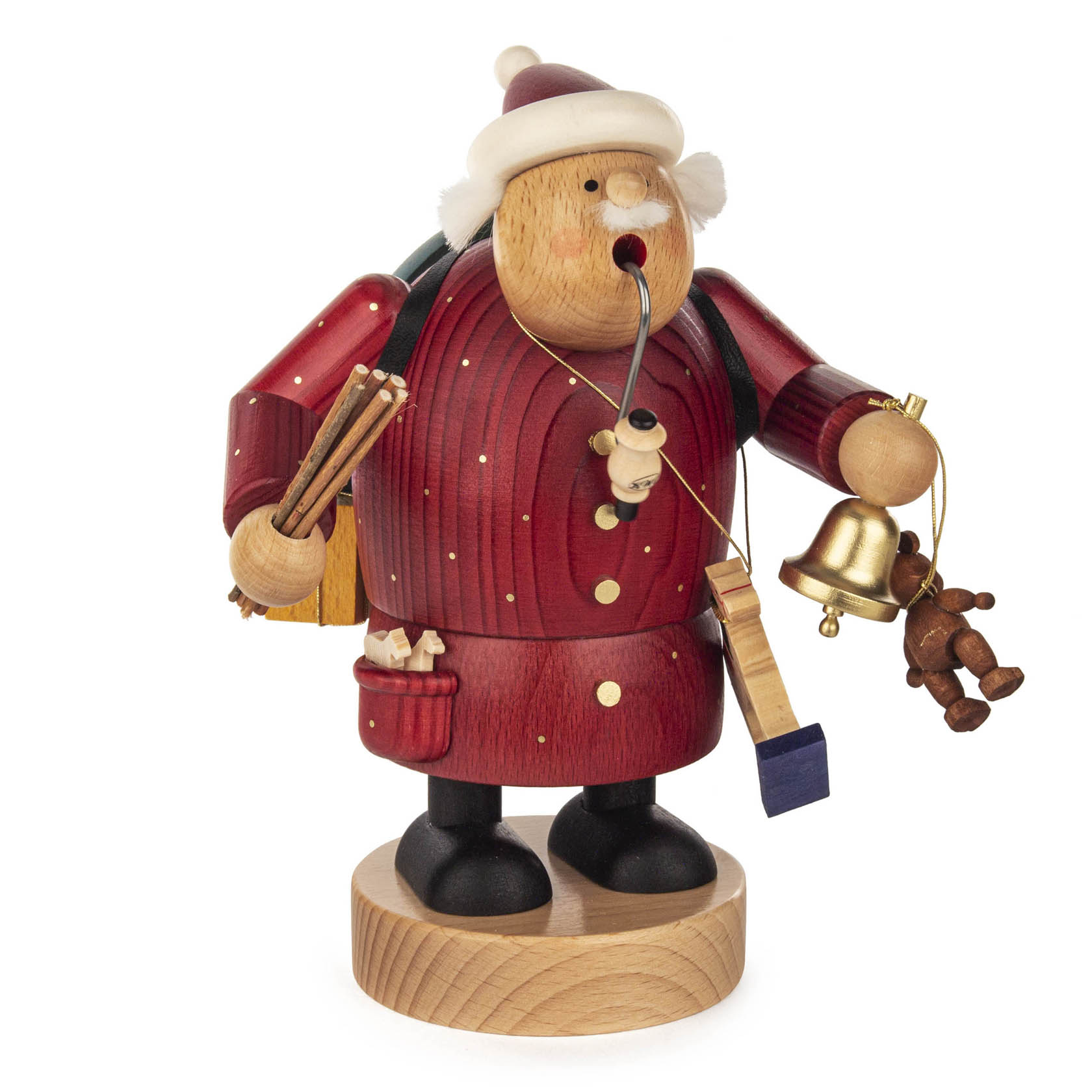 Holzfigur eines Räuchermanns in Form eines Weihnachtsmanns mit rotem Mantel, Pfeife, Weihnachtstasche und Accessoires in den Händen. im Dregeno Online Shop günstig kaufen