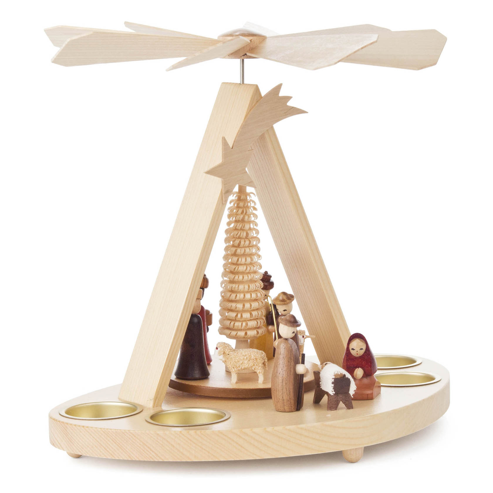 Holzpyramide mit Figuren der Weihnachtsgeschichte, darunter Maria, Josef, das Jesuskind, ein Schaf und die Heiligen Drei Könige. Vier Teelichthalter sind integriert.