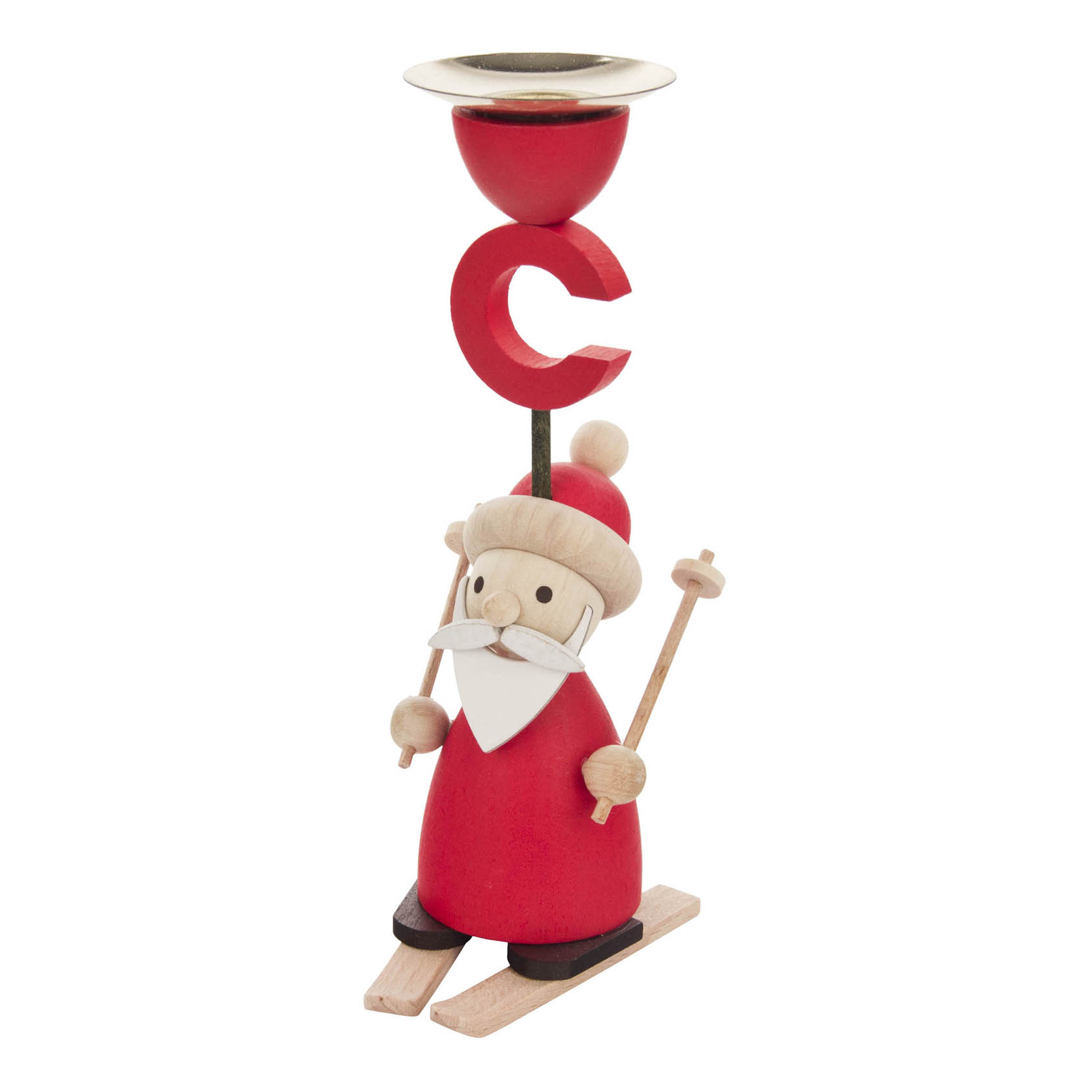 Wooden candle holder shaped like a Santa Claus figure on skis, wearing red clothes, white beard, and a red hat, holding ski poles, with a candle holder on top. im Dregeno Online Shop günstig kaufen
