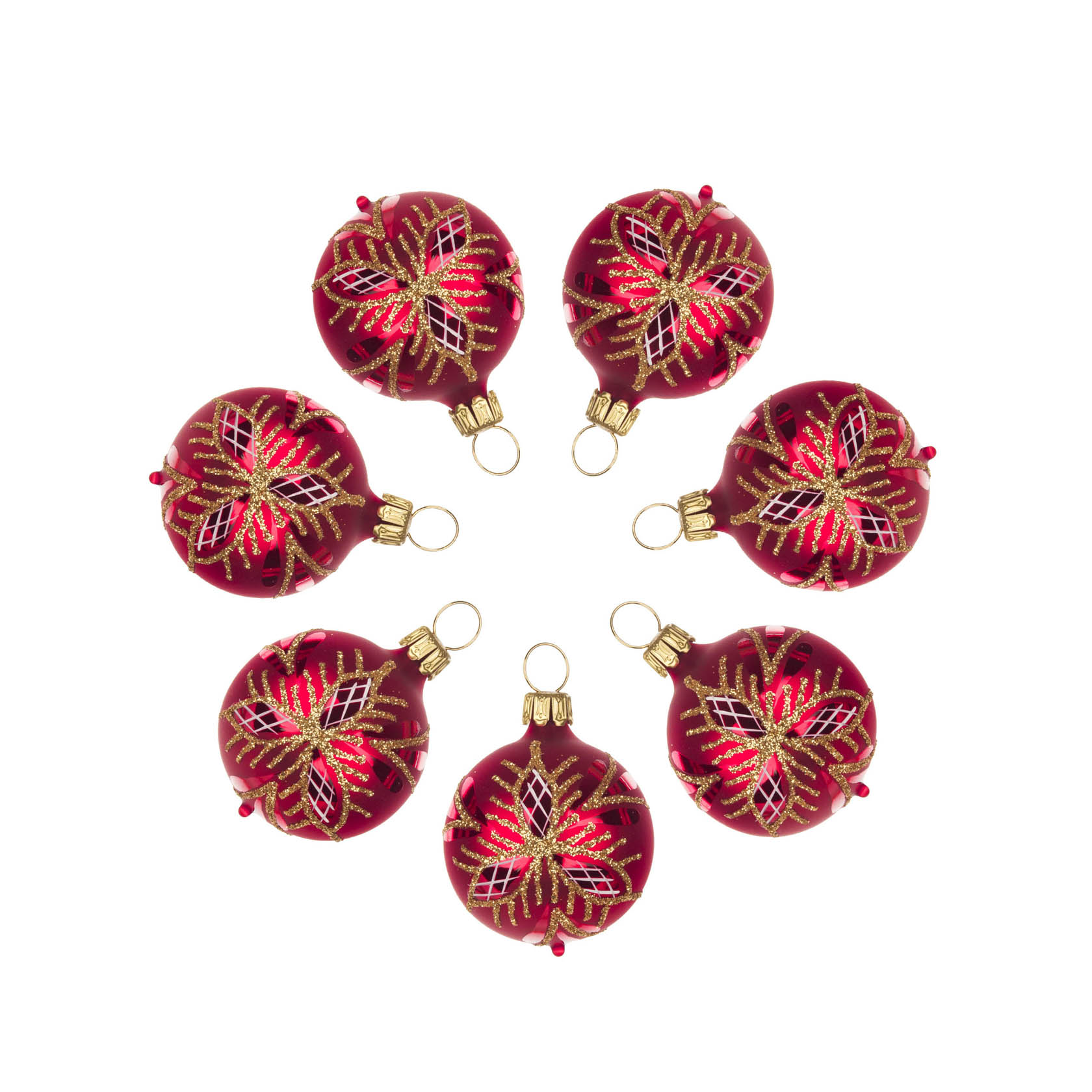 Seven red matte Christmas tree ornaments with waffle pattern arranged in a circle. im Dregeno Online Shop günstig kaufen