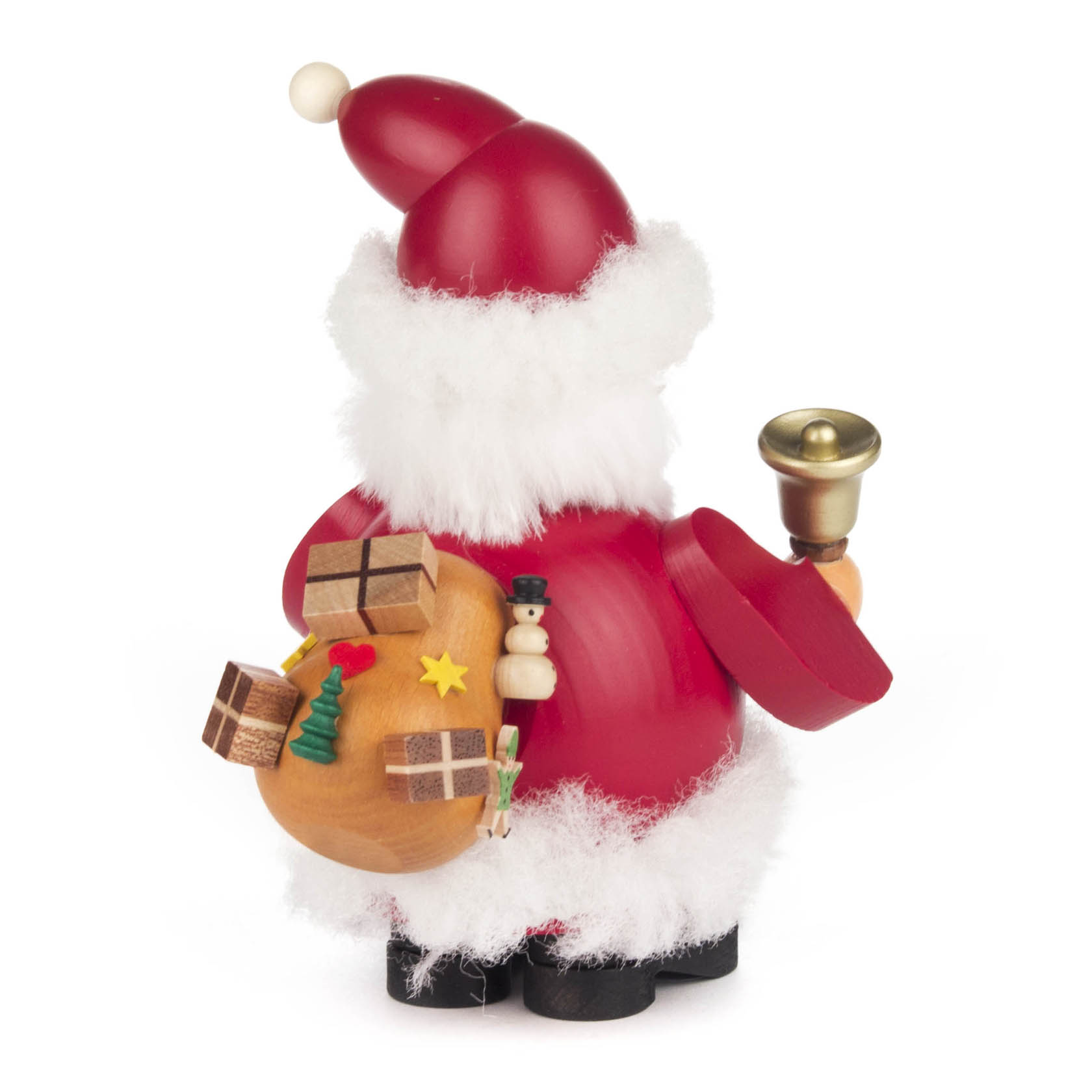 Holzfigur eines Weihnachtsmanns mit rotem Mantel und Mütze, einem Holzrucksack voller Geschenke, einem kleinen Schneemann und einer Glocke in der rechten Hand.