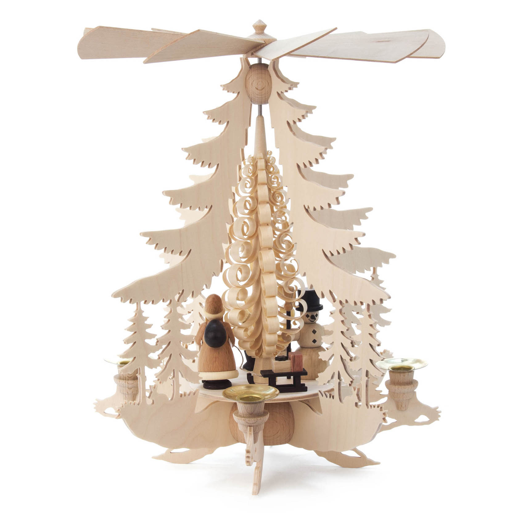 Holzpyramide mit Weihnachtsfiguren und spiralförmigem Mittelbaum, umgeben von Kerzenhaltern für 14mm Kerzen.
