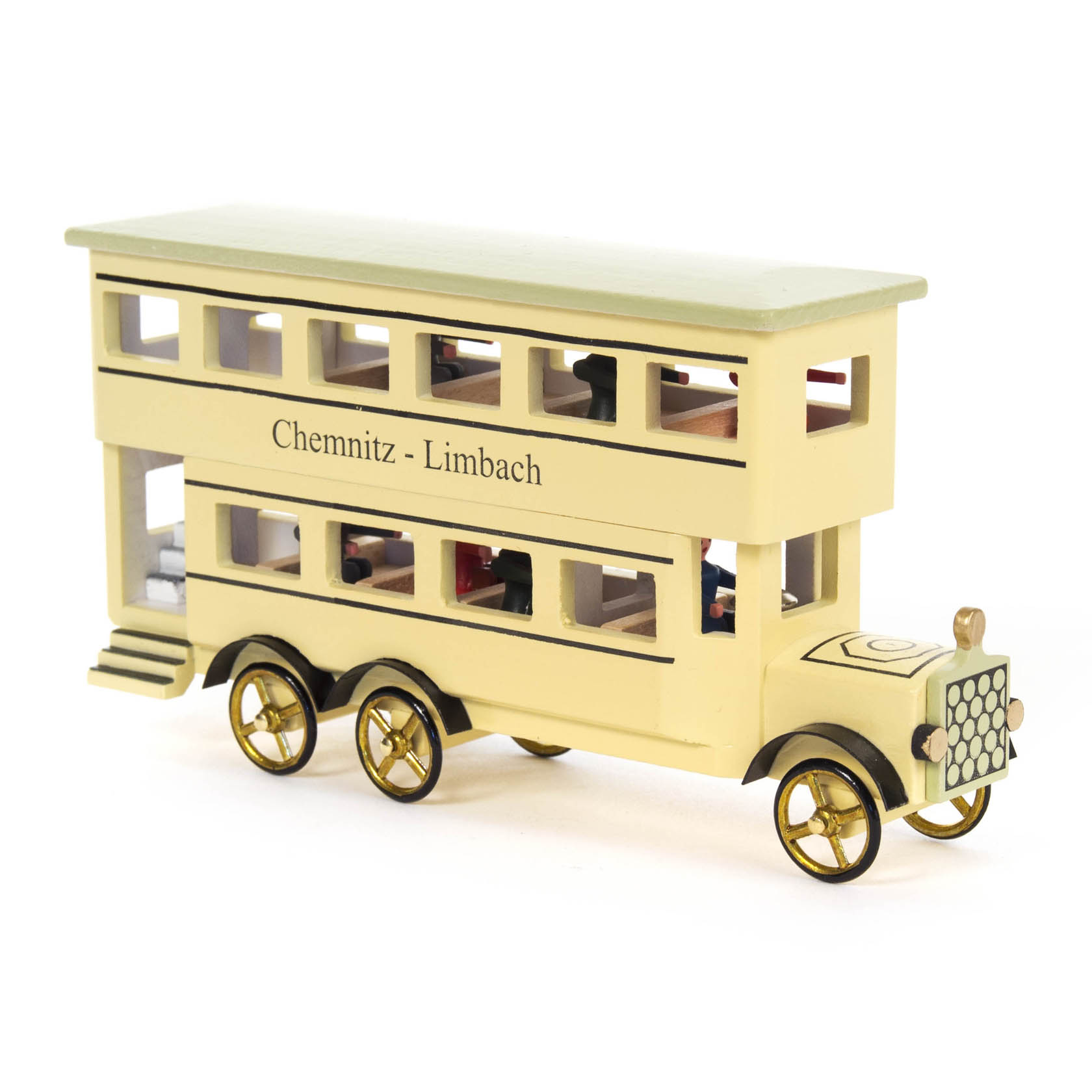 Ein cremefarbener Miniatur-Doppelstockbus mit goldenen Rädern und der Aufschrift 'Chemnitz - Limbach'. Der Bus hat offene Fenster und eine Treppe. im Dregeno Online Shop günstig kaufen