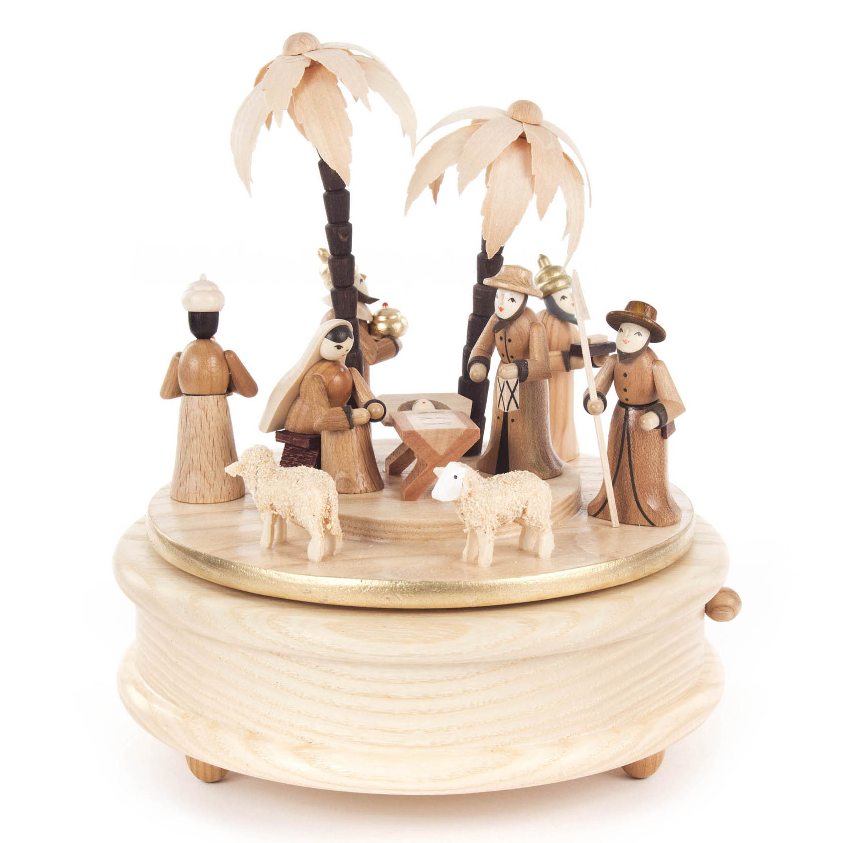 Holz-Spieldose mit Darstellung der Geburt Christi, zwei Palmen, Maria, Josef, das Jesuskind in der Krippe, drei Könige und zwei Schafe. im Dregeno Online Shop günstig kaufen