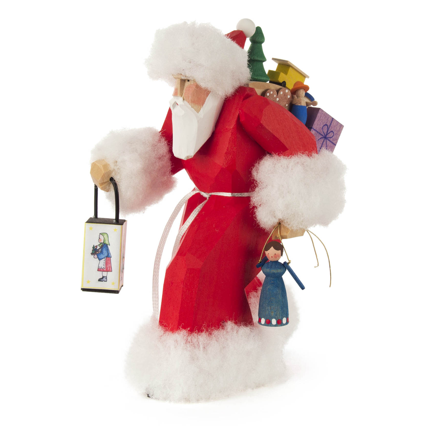 Eine geschnitzte Figur des Weihnachtsmanns in rotem Gewand, der eine Laterne in einer Hand und ein Spielzeug in der anderen trägt. Ein Geschenkesack ist auf seinem Rücken. im Dregeno Online Shop günstig kaufen