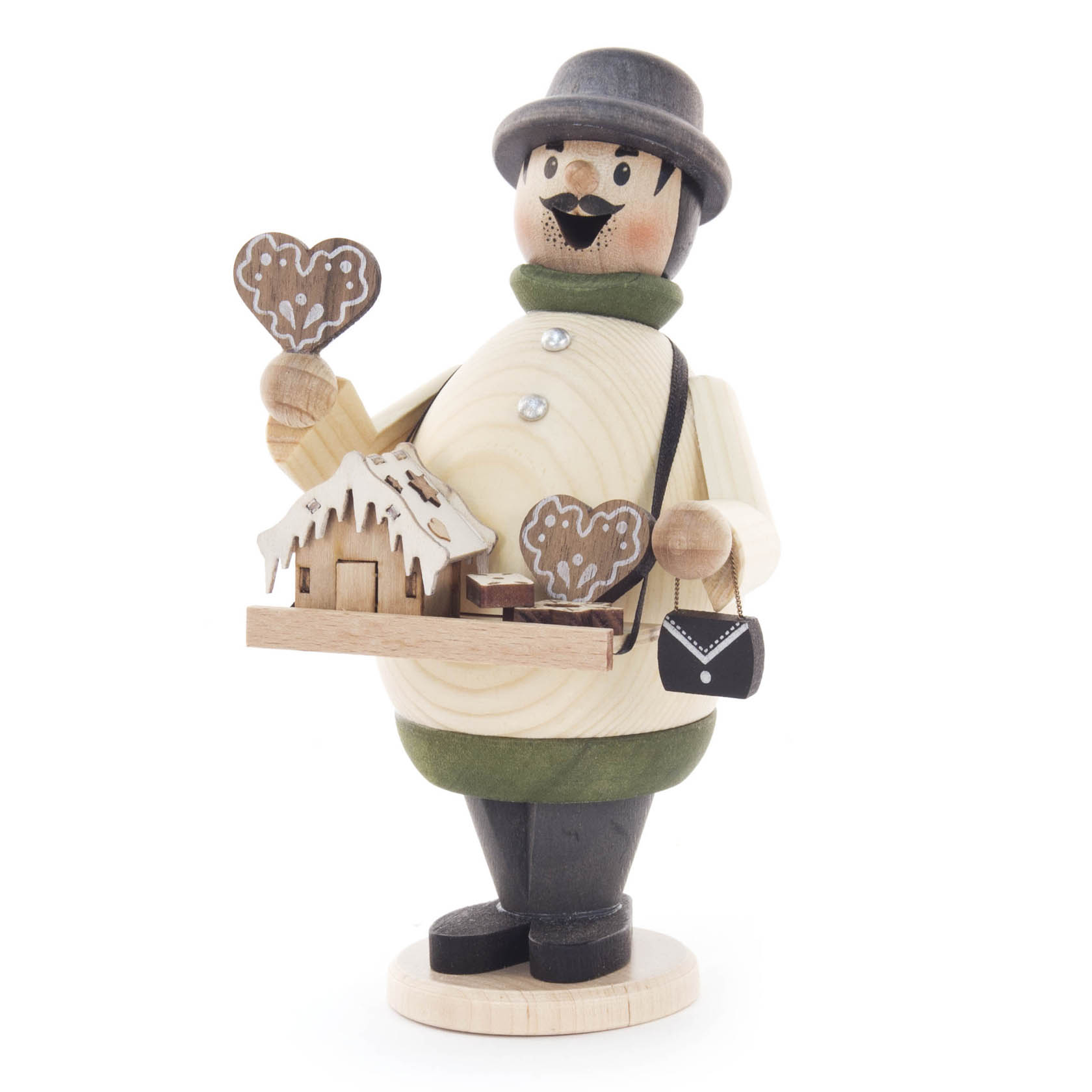 Ein hölzerner Räuchermann in traditioneller Bekleidung hält eine Trage mit einem Lebkuchenherz und Lebkuchenhaus. Er trägt Hut und hat einen Schnurrbart. im Dregeno Online Shop günstig kaufen