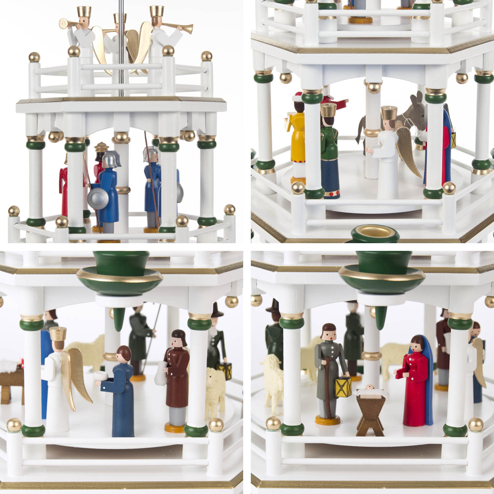 Weiße, dreistöckige Weihnachtspyramide mit Szenen der Geburt Christi. Figuren umfassen Maria, Josef, das Jesuskind in der Krippe und Hirten. Kerzenhalter für 14mm Kerzen.