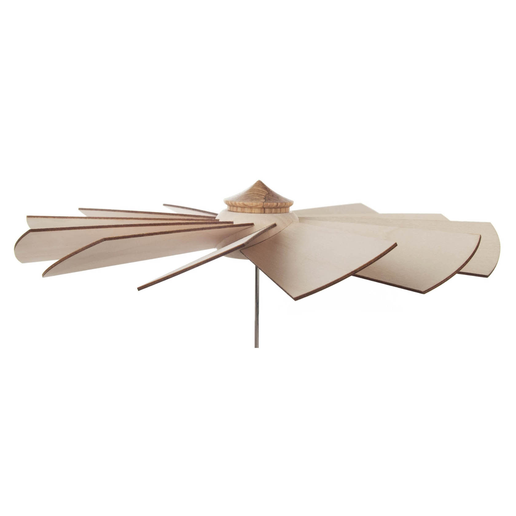 Wooden fan blade with a central hub and several large, flat, petal-shaped blades extending outward. A thin rod extends downward from the center.