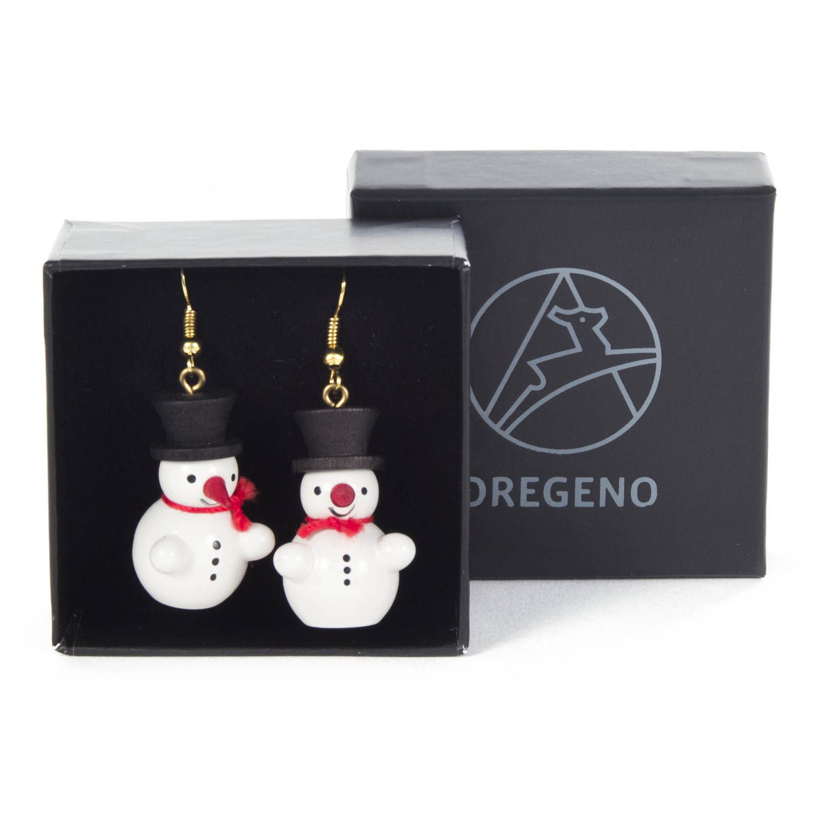 Snowman earrings with a black top hat, featuring a red scarf, displayed in a black jewelry box labeled 'Doregano'.