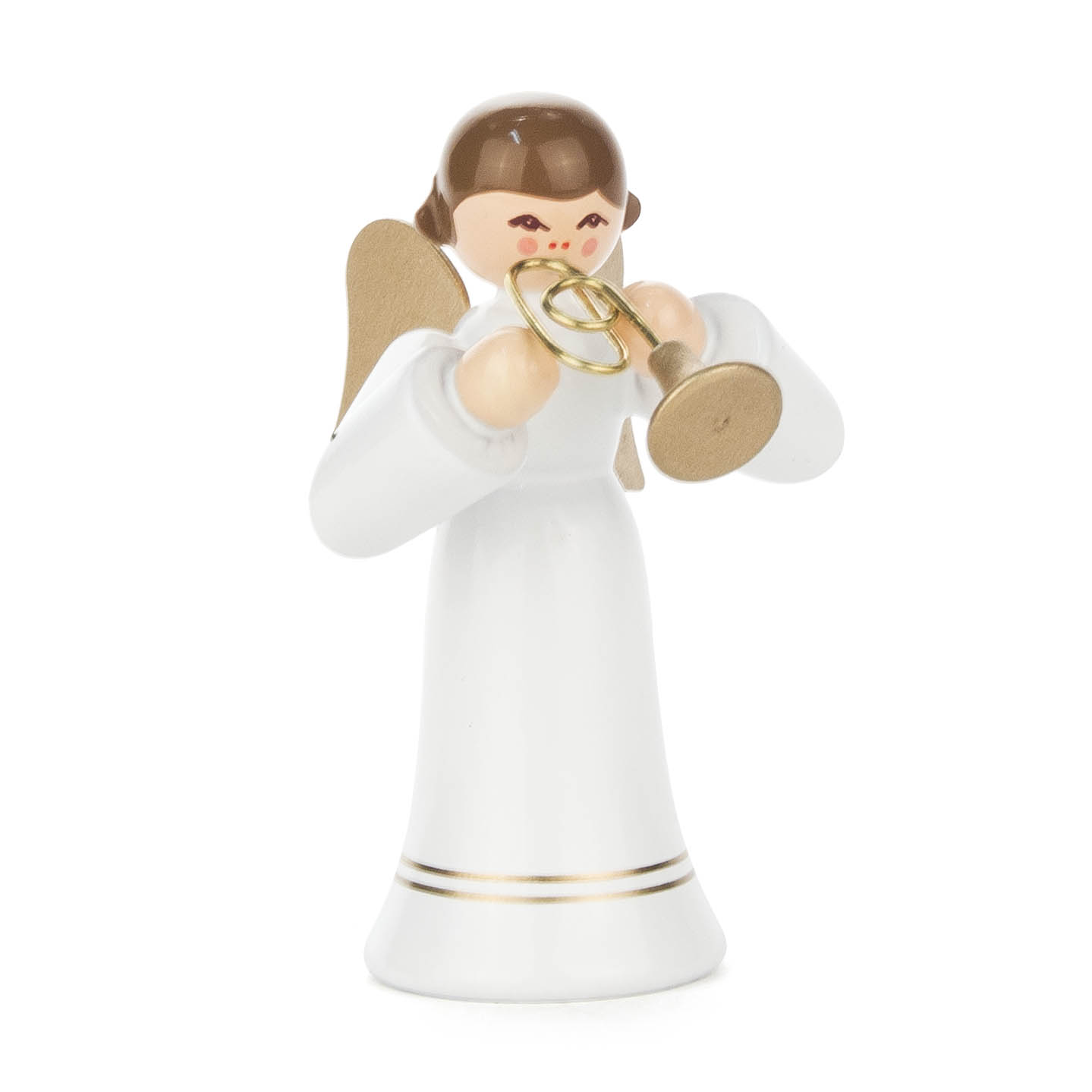 Holzengel mit braunem Haar, weißem langen Kleid und goldenen Flügeln, hält ein goldenes Flügelhorn. Gesicht mit roten Wangen, seitlicher Blick. im Dregeno Online Shop günstig kaufen