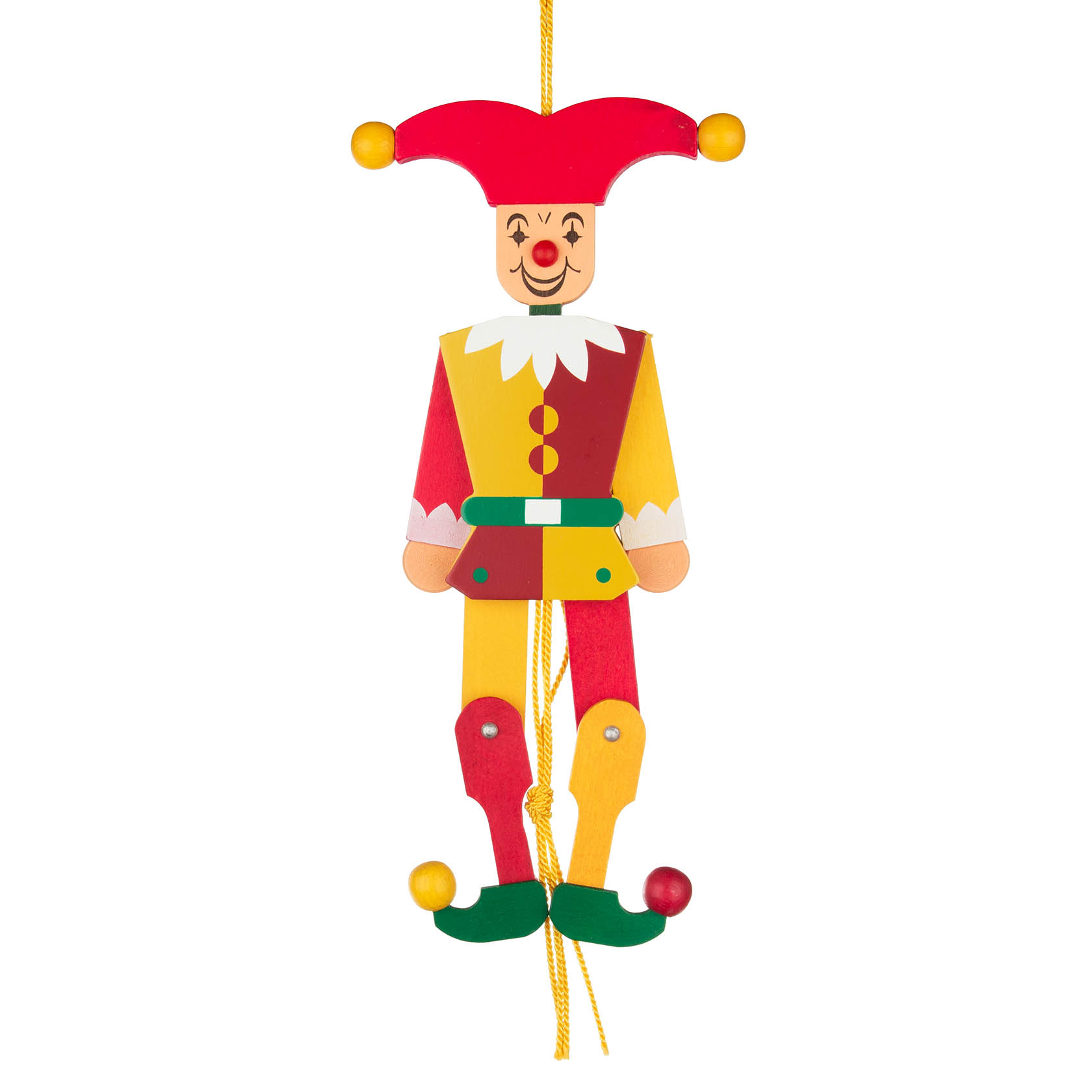 Bunter Hampelmann in Form eines Eulenspiegels mit gelber, roter und grüner Kleidung. Er hat ein lachendes Gesicht und eine Narrenkappe mit Fliegenpilzmuster. im Dregeno Online Shop günstig kaufen
