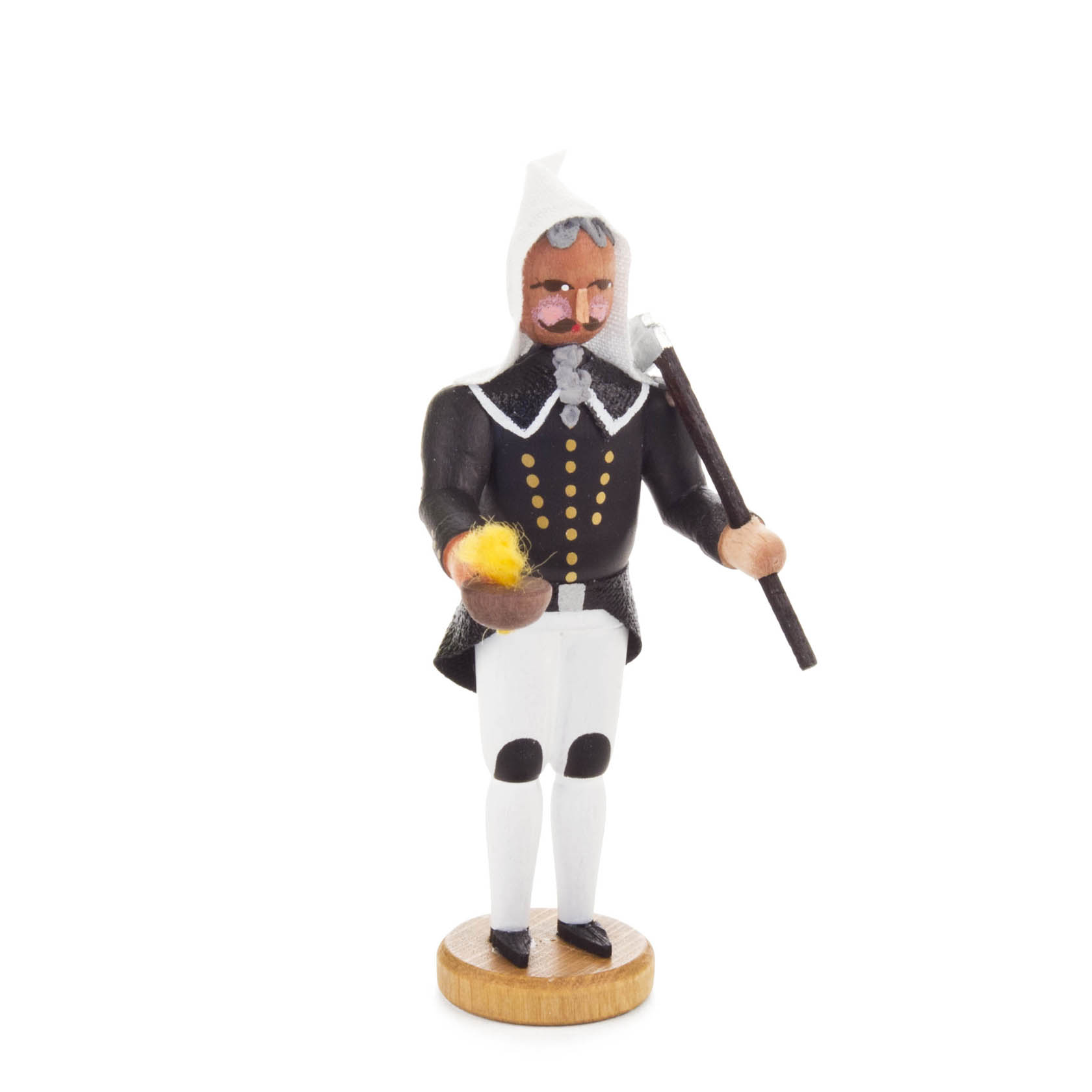 Holzfigur eines Bergmanns in traditioneller Bergmannskleidung, schwarzes Oberteil mit Knöpfen, weiße Hose, weißer Hut, hält eine Laterne und einen Stab. im Dregeno Online Shop günstig kaufen
