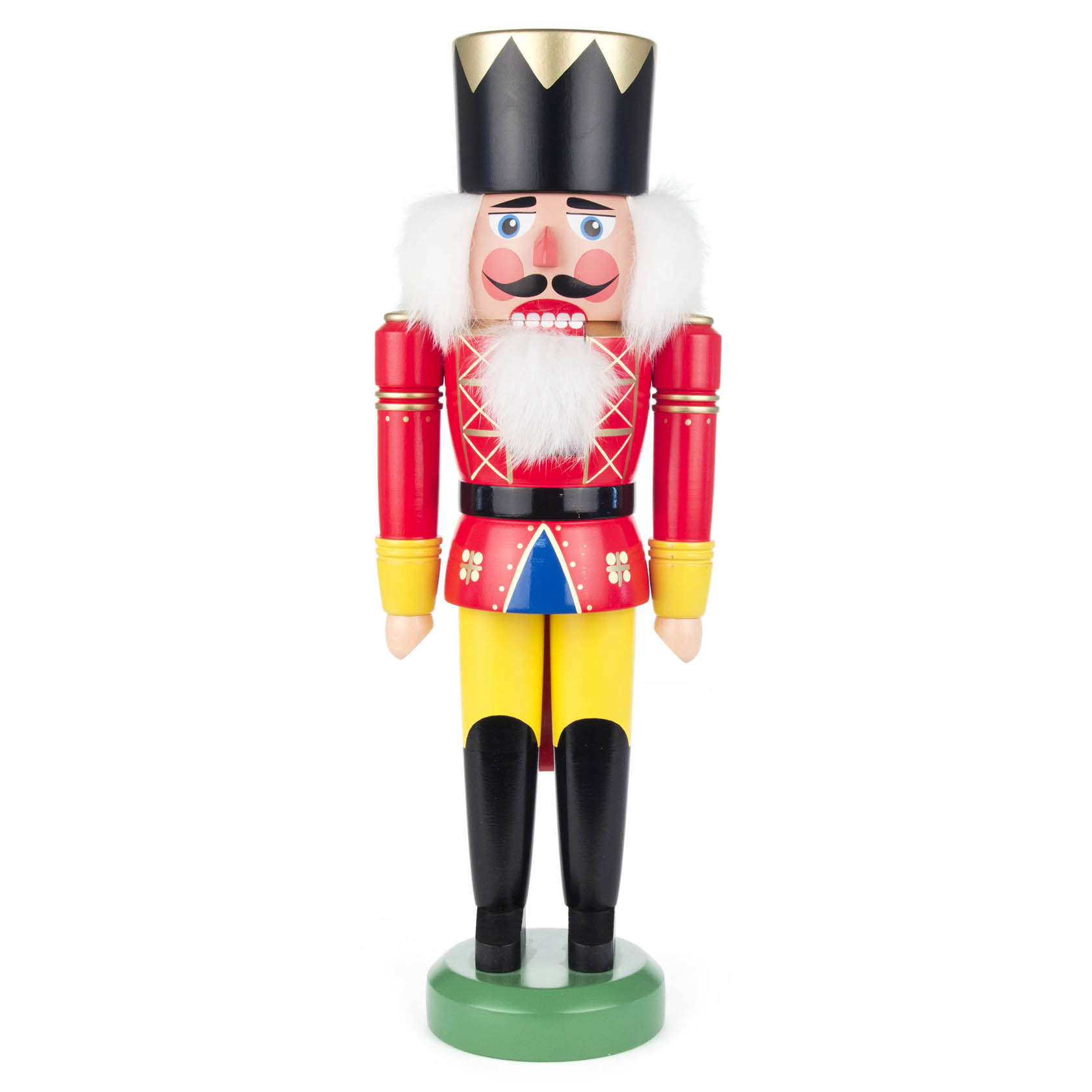 Ein traditioneller Nussknacker in Form eines Königs, 43 cm groß, mit rotem Oberteil, gelben Hosen, schwarzem Hut und weißem Bart. im Dregeno Online Shop günstig kaufen
