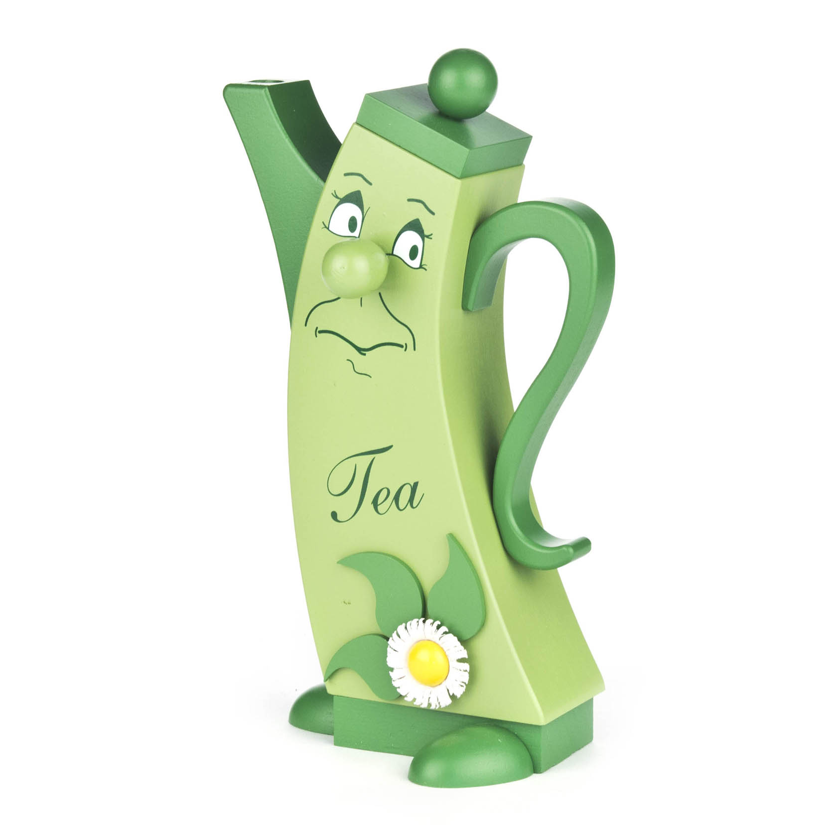 Räucherfigur in Form einer Teekanne mit Gesicht, grünem Körper, grüner Nase und einem weißen Blümchen mit gelber Mitte an der Seite. im Dregeno Online Shop günstig kaufen