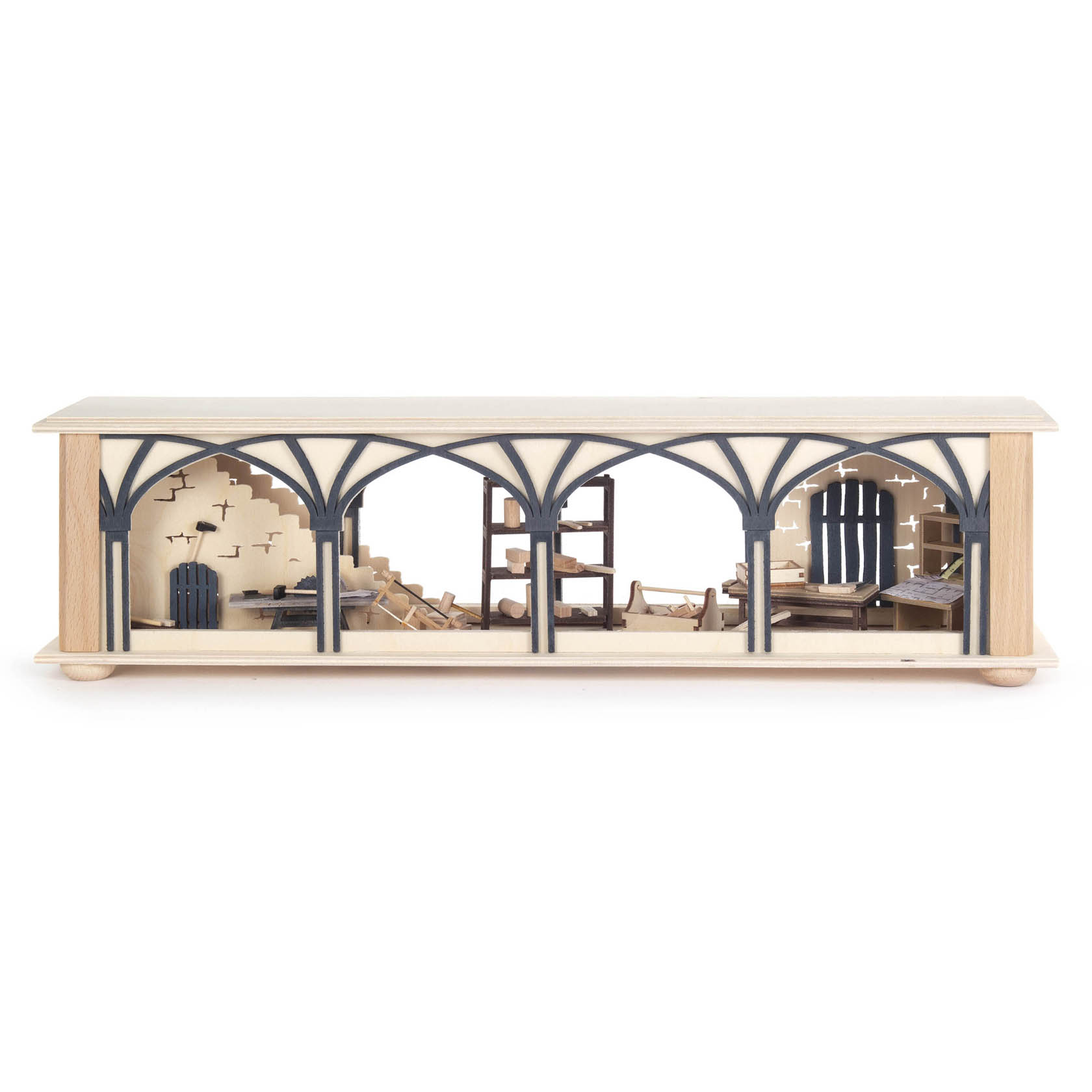 Dekoratives Tischlerlager mit Universalsockel, Detail aus Holz, elektrisch beleuchtet. im Dregeno Online Shop günstig kaufen